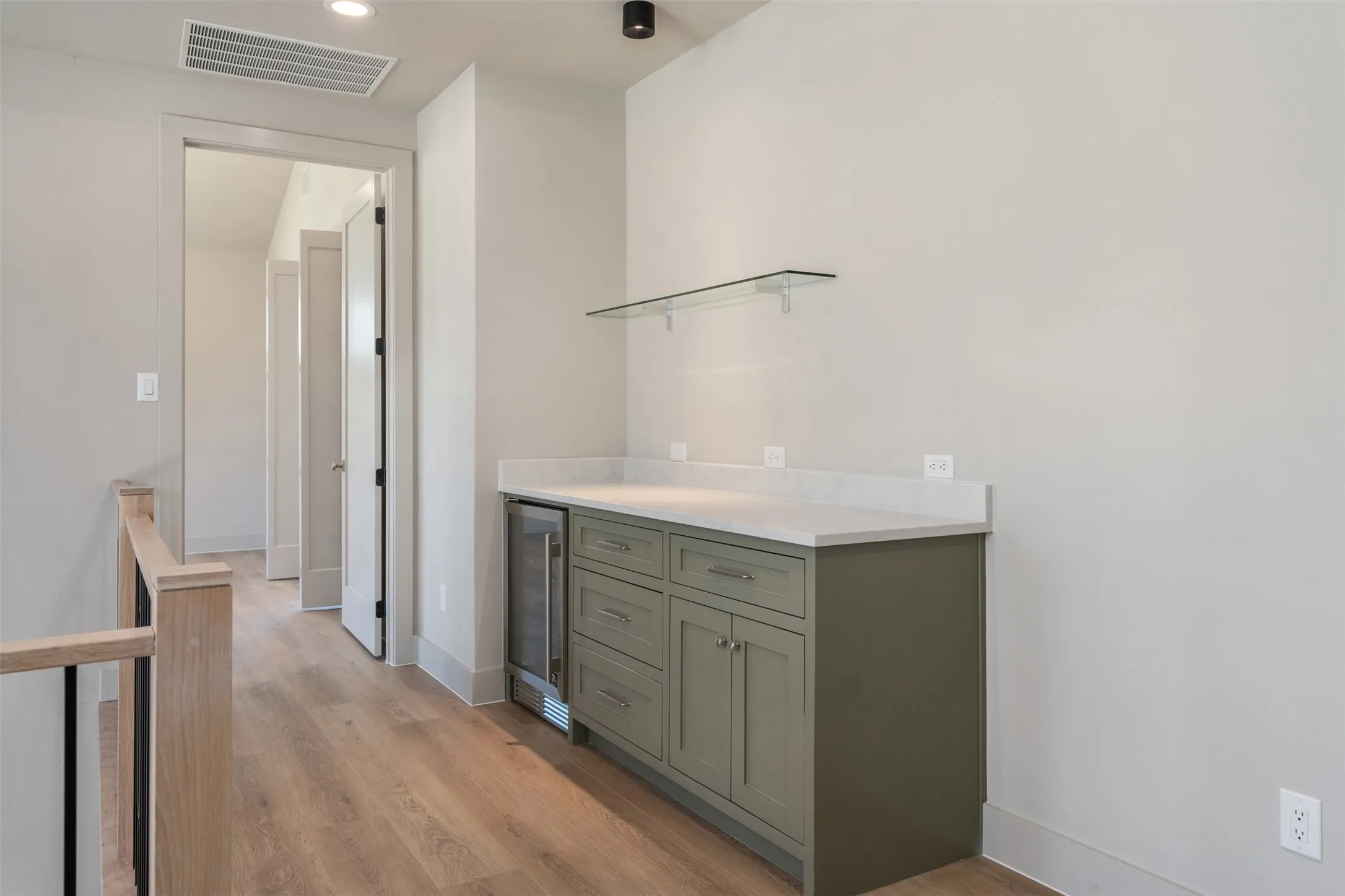 Dry bar on 2nd floor with beverage refrigerator