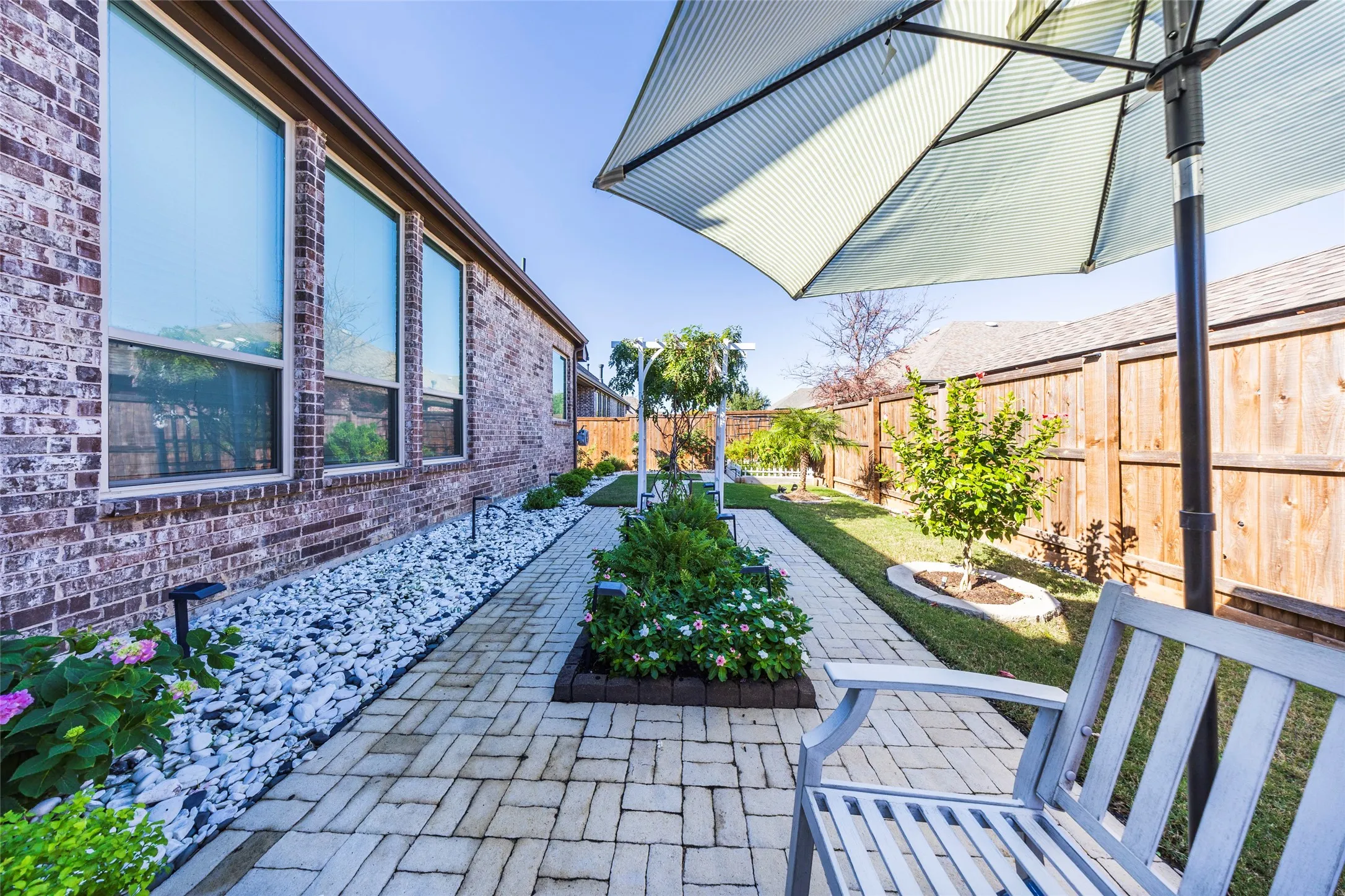 Fenced backyard with a patio area