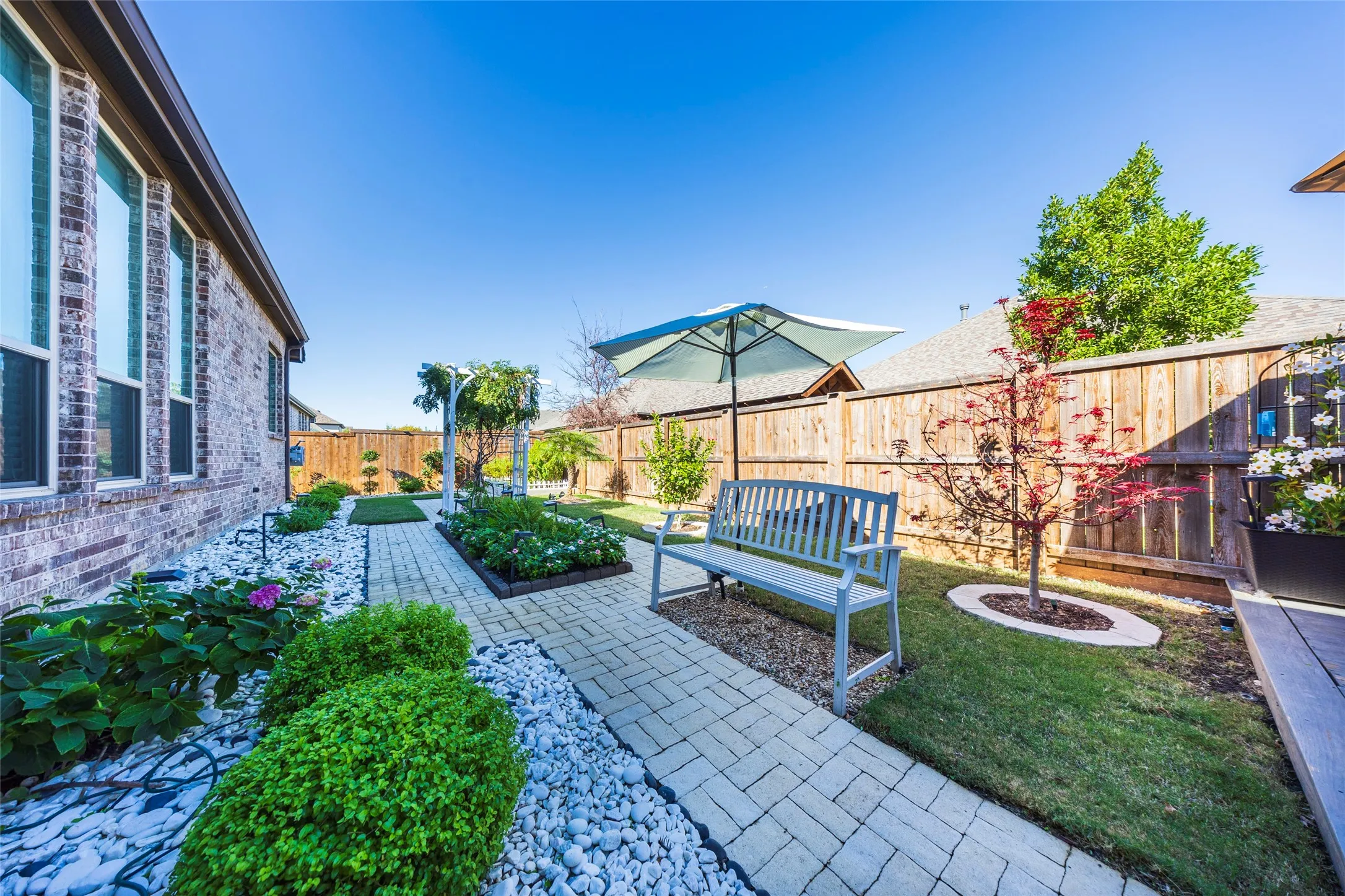 Fenced backyard featuring a patio