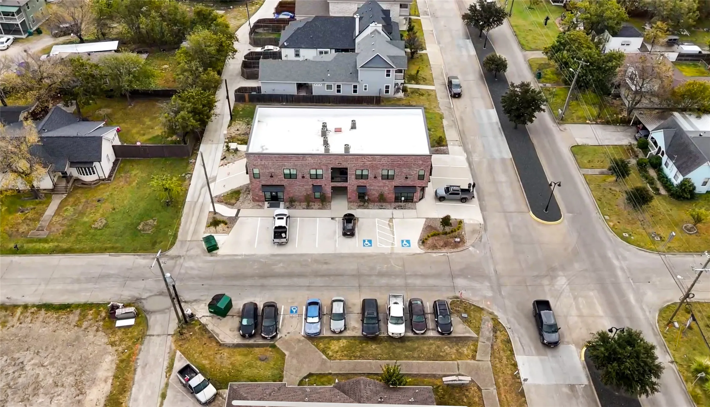 Drone photo of entire building and downtown Ferris