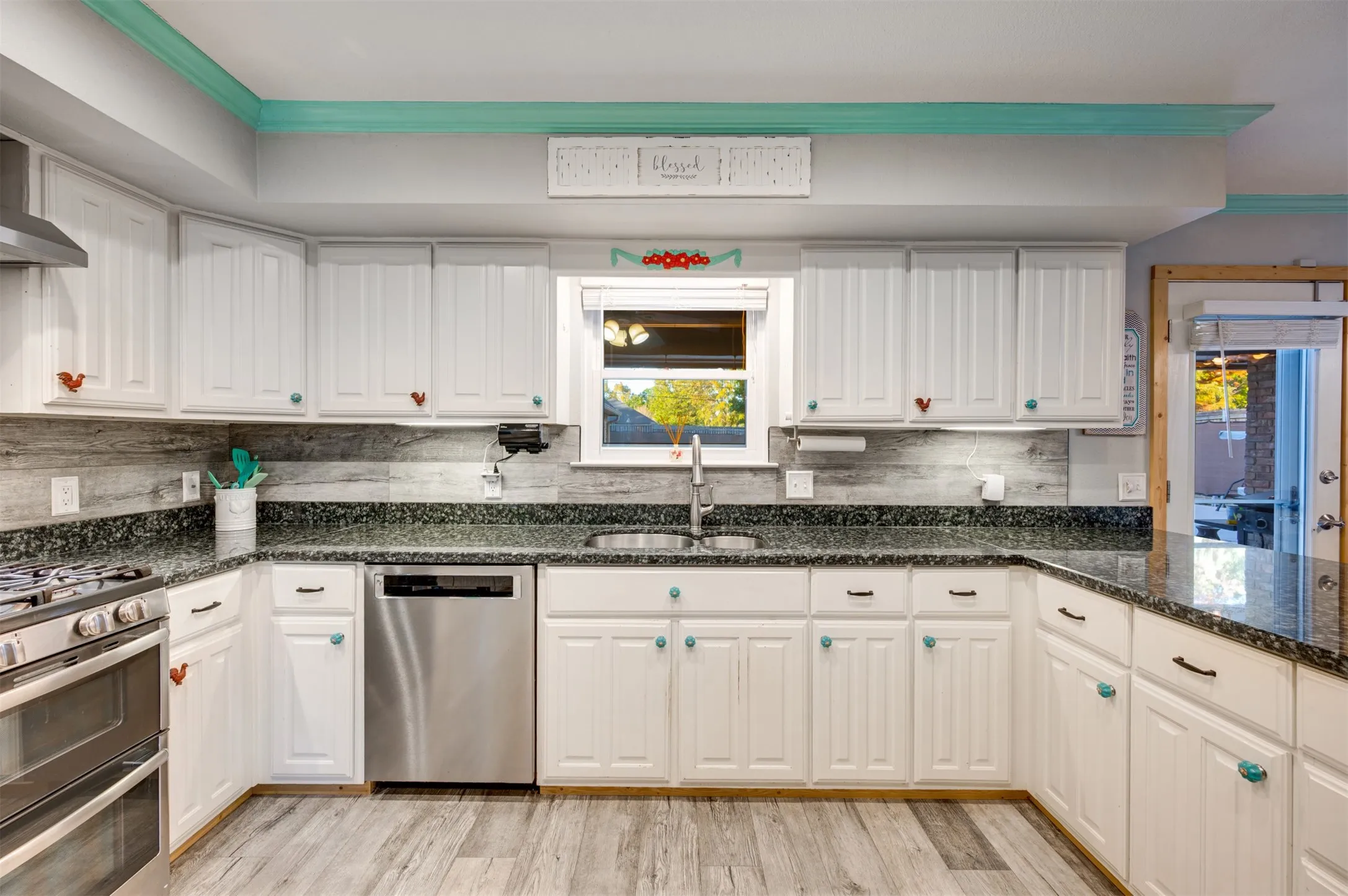 Granite countertops and white painted cabinets