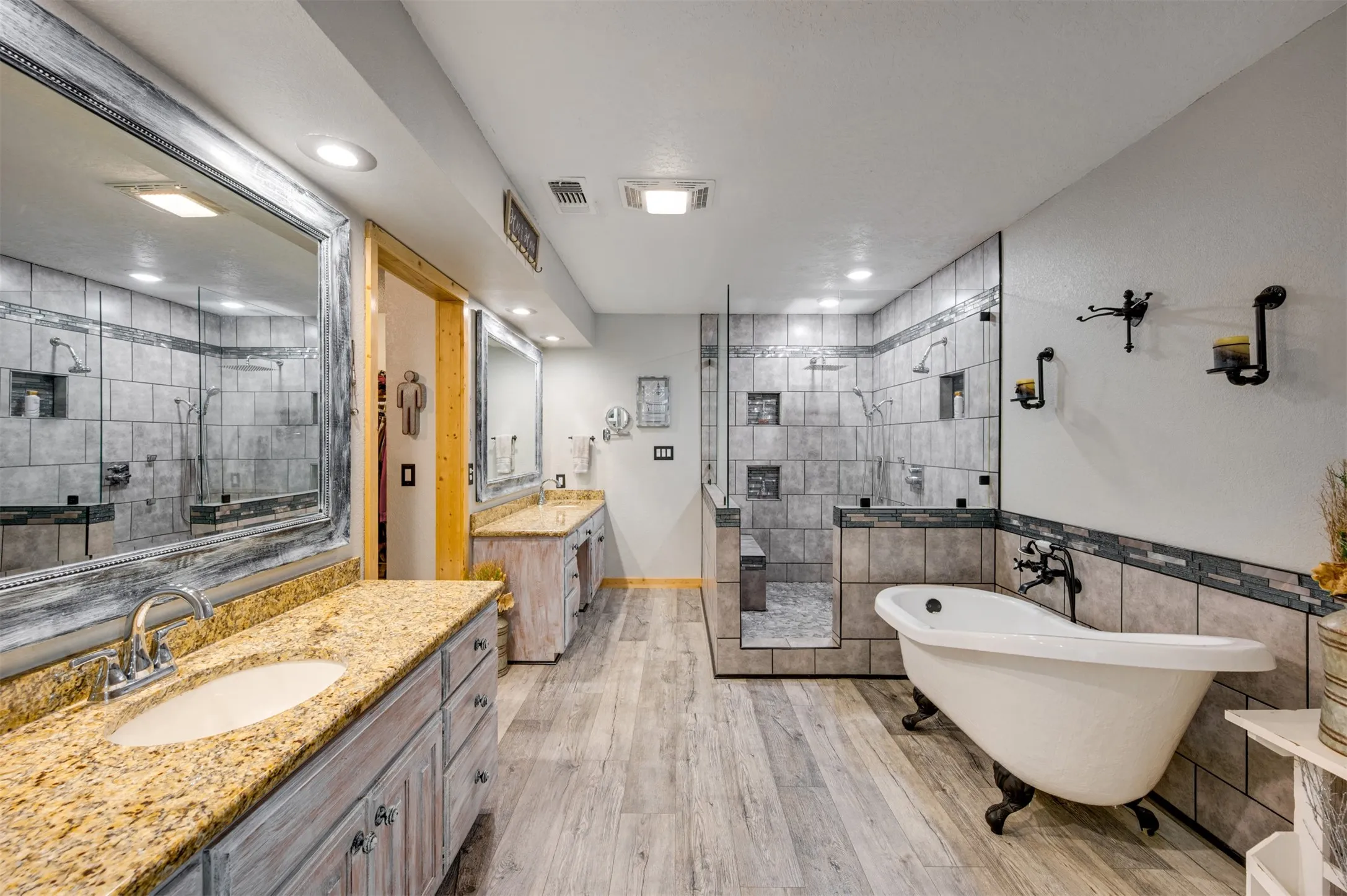2 person shower, claw foot tub and separate vanities
