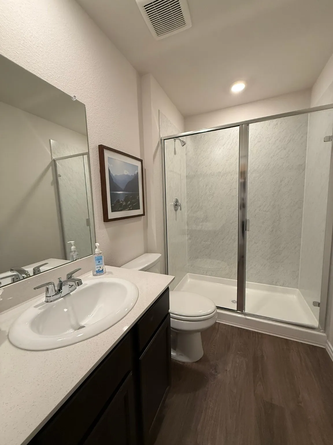 Full bathroom featuring dark wood-style flooring, vanity, a shower stall, and a textured wall
