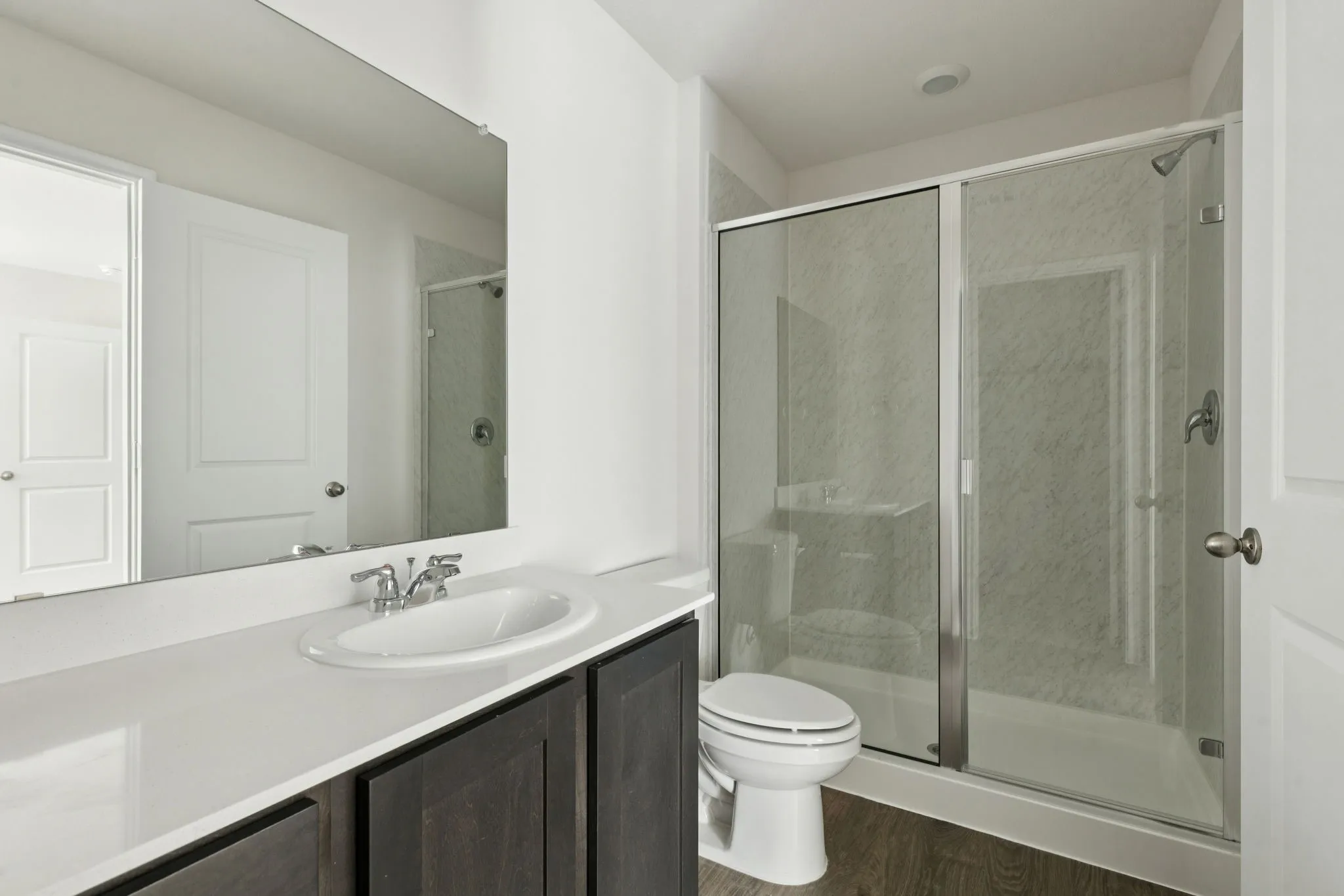 Bathroom featuring vanity, a shower stall, and dark wood-type flooring