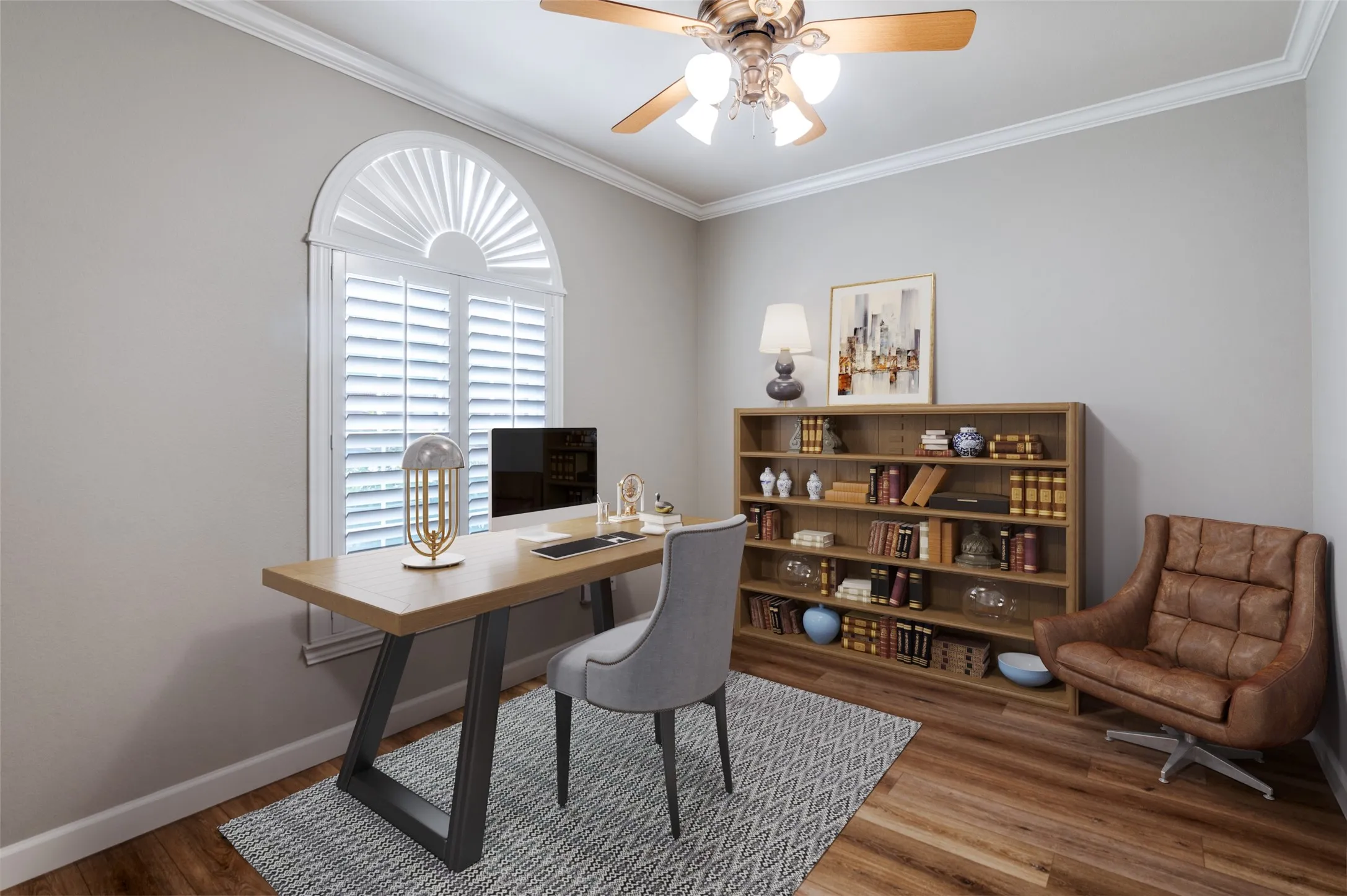 Virtual Staged Office area featuring dark wood finished floors, ornamental molding, and a ceiling fan