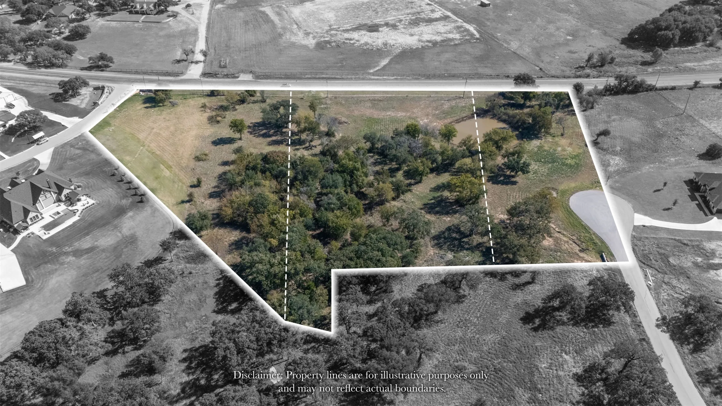 Aerial overview of property's location featuring property boundaries highlighted