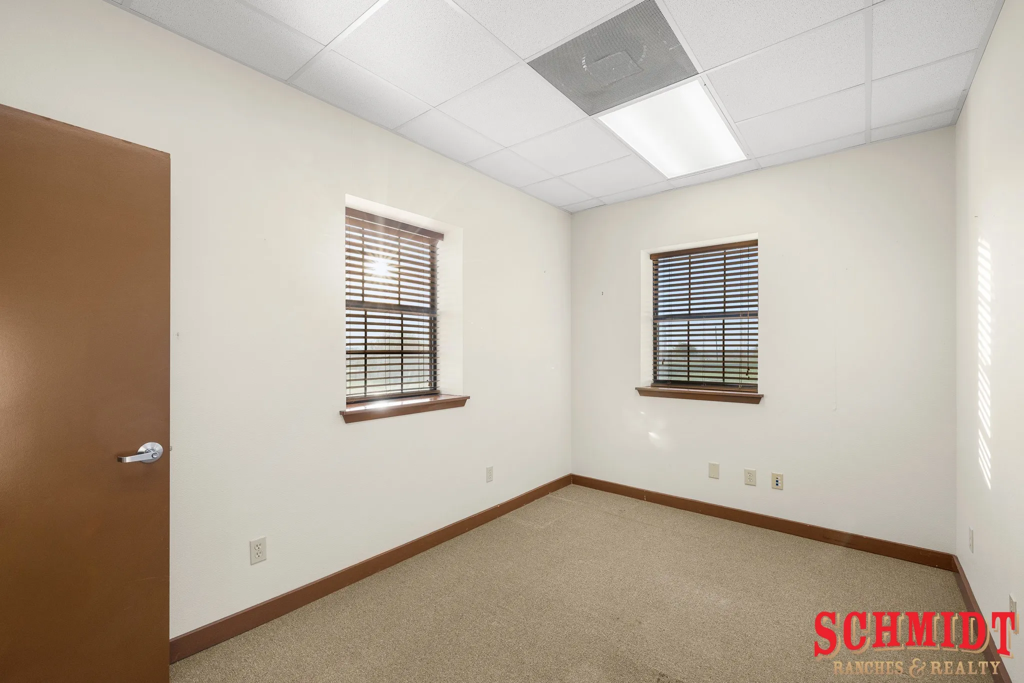 Carpeted room featuring two windows with horizontal blinds, a drop ceiling with integrated lighting, and a solid door with a lever handle