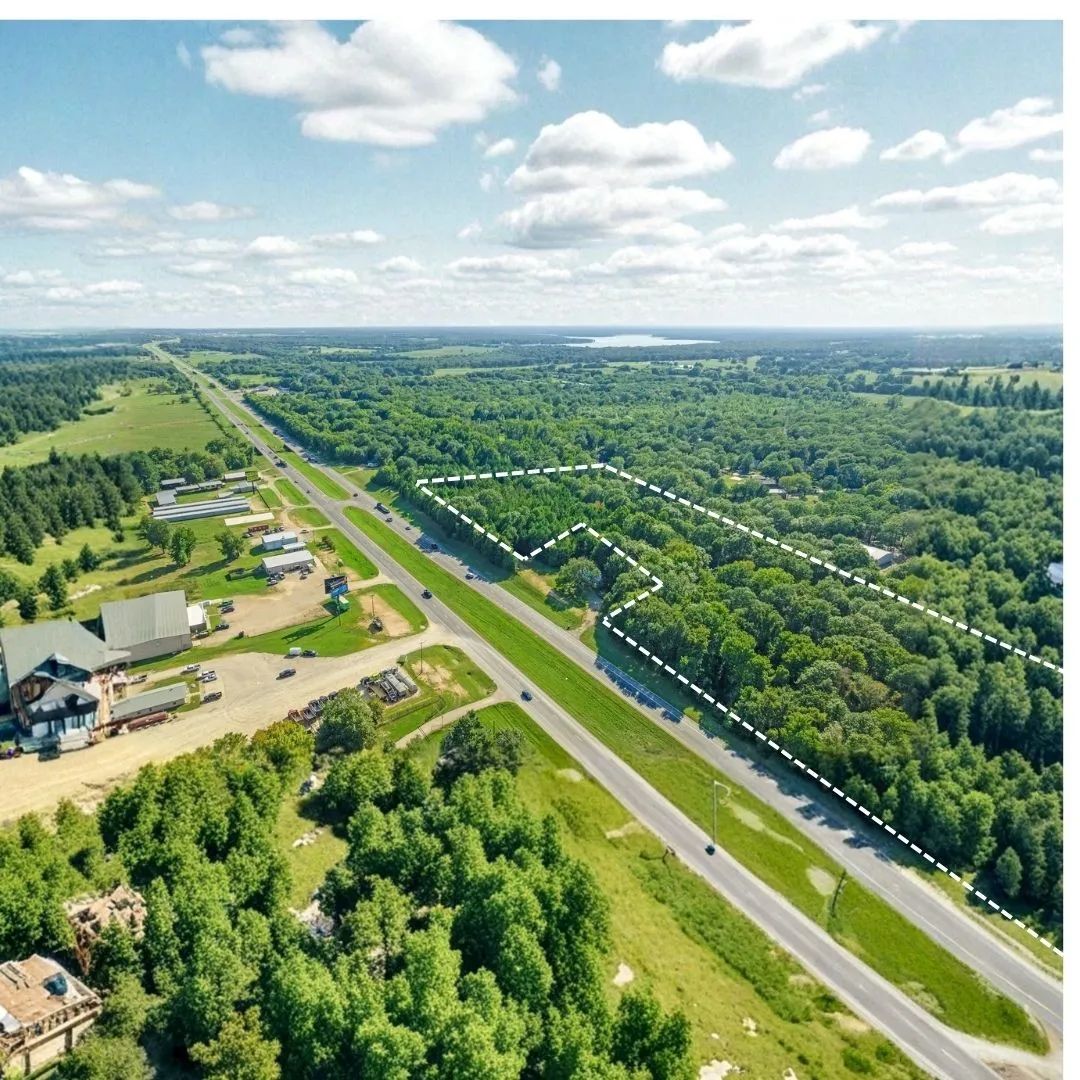 Aerial view of property's location with a forest and property boundaries highlighted