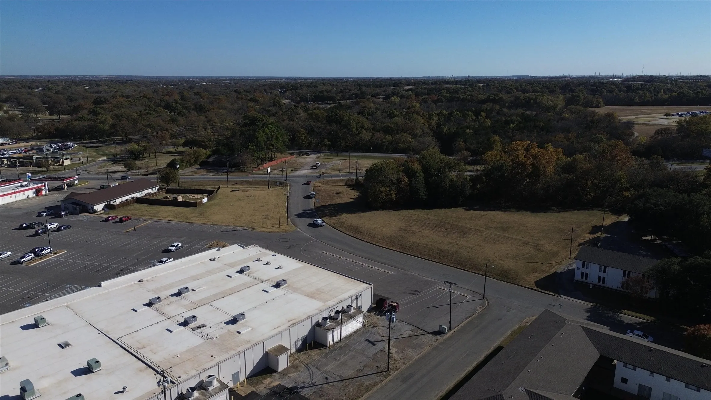 Aerial view of a heavily wooded area