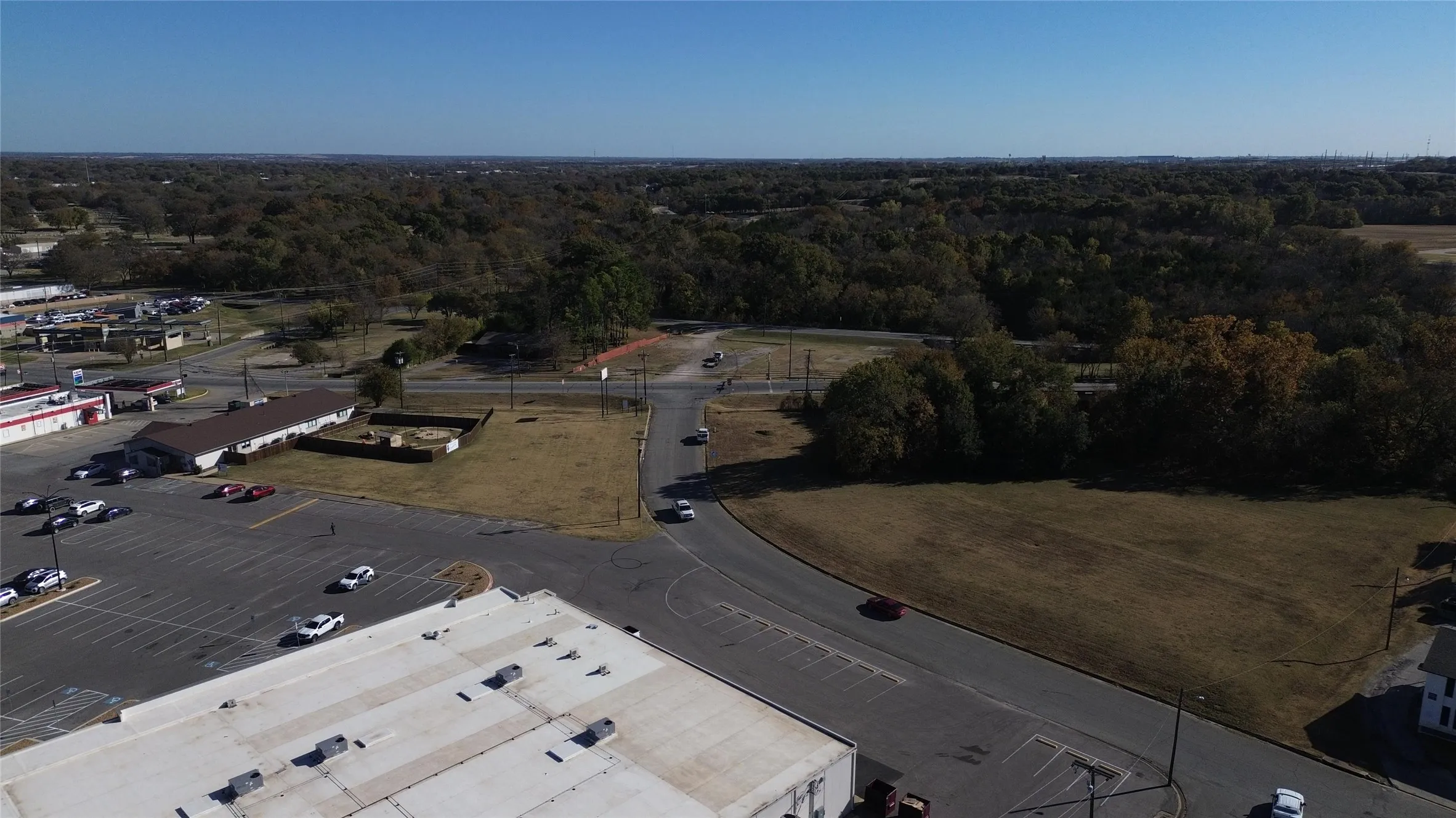 Aerial view of a heavily wooded area