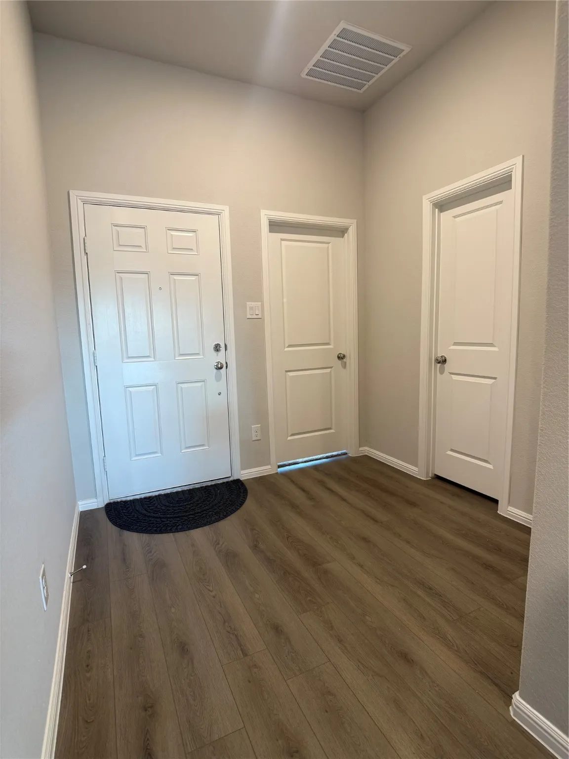 Foyer entrance with dark wood-style floors