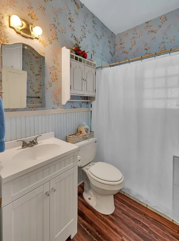 Full bathroom with a shower with curtain, dark wood-type flooring, and vanity