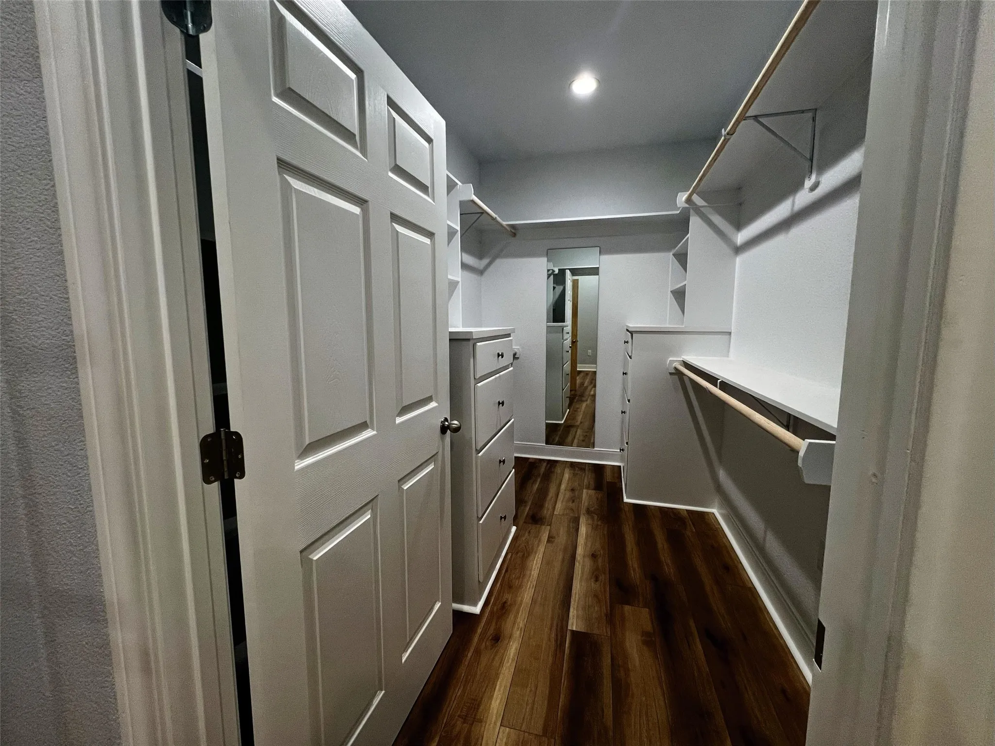 Walk in closet with dark wood finished floors