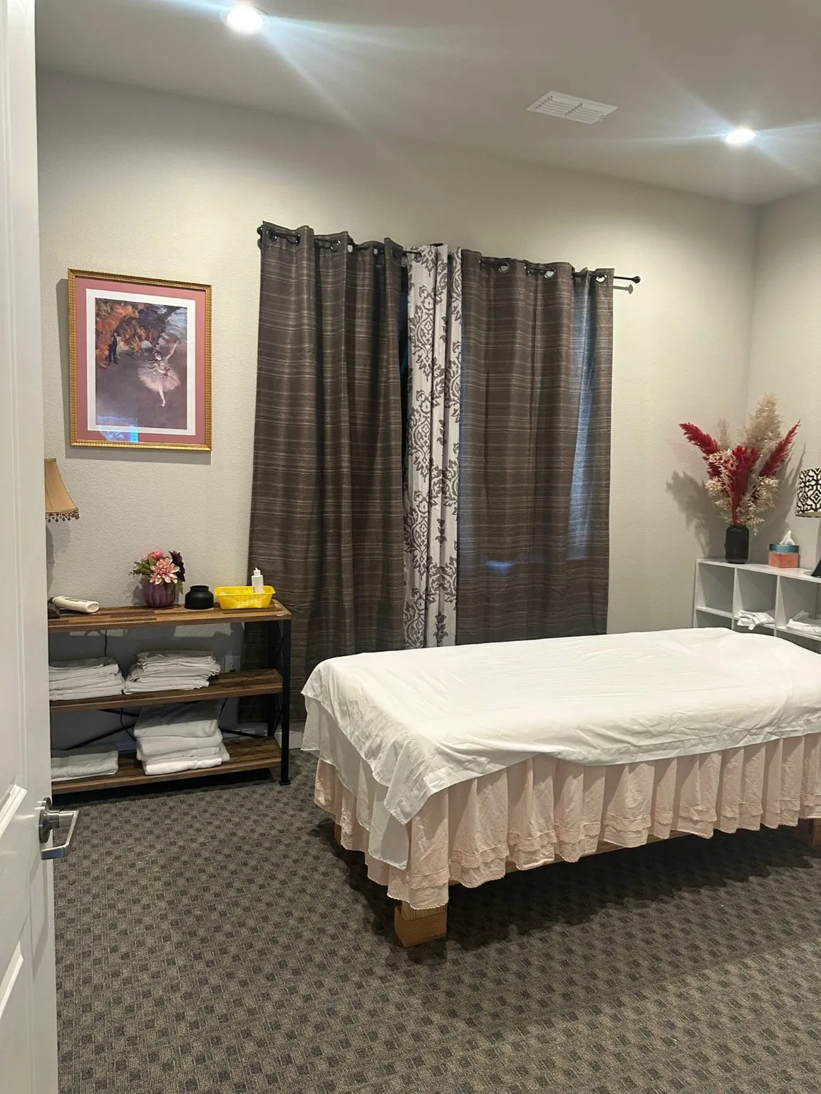 Bedroom featuring dark carpet