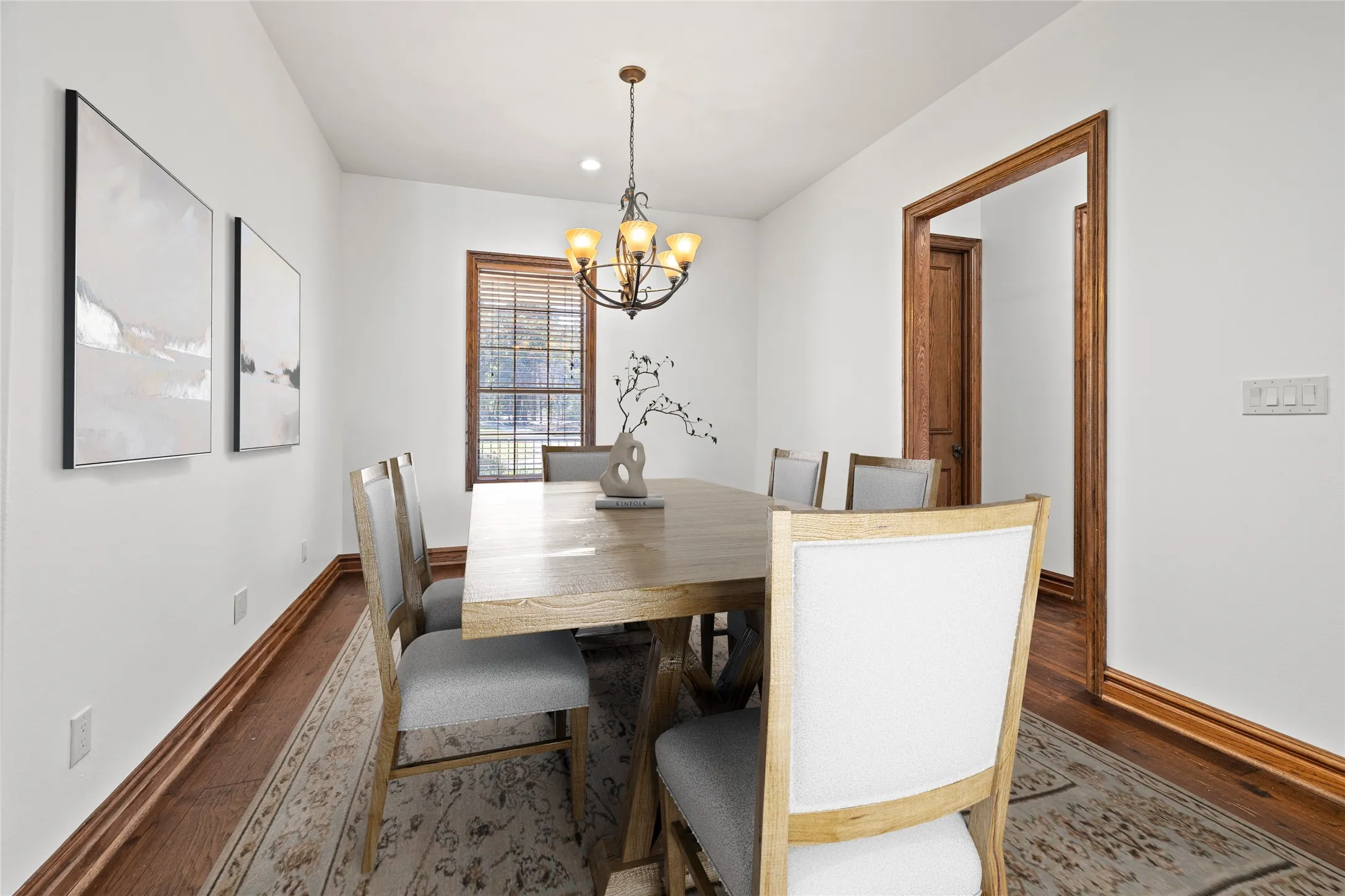 Dining space featuring dark wood-type flooring, a chandelier, and recessed lighting