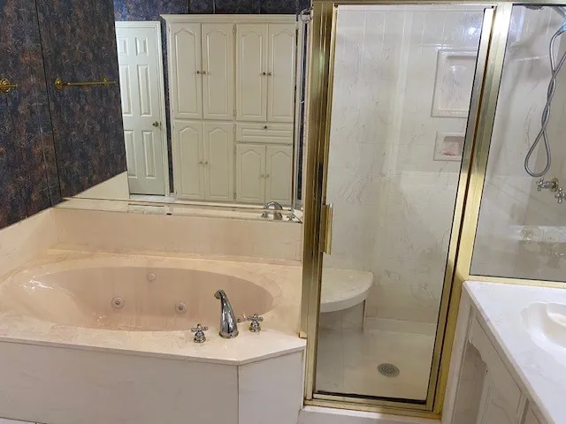 Full bathroom featuring a separate shower, vanity, and a whirlpool jetted tub.