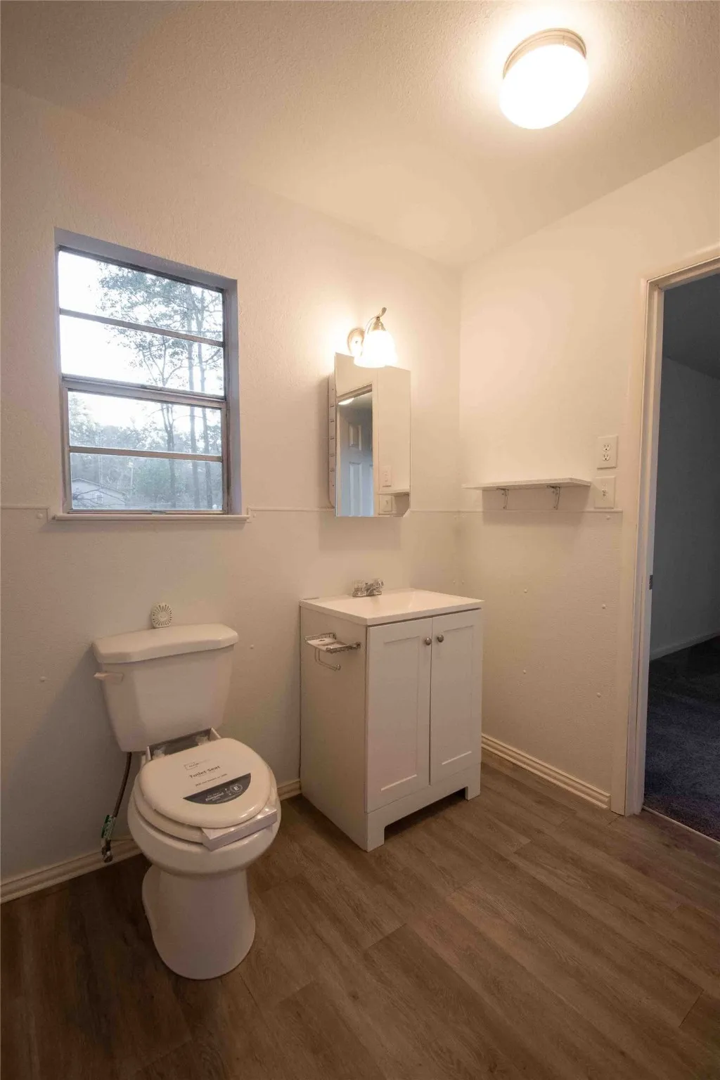 Full bathroom with vanity and dark wood-style flooring