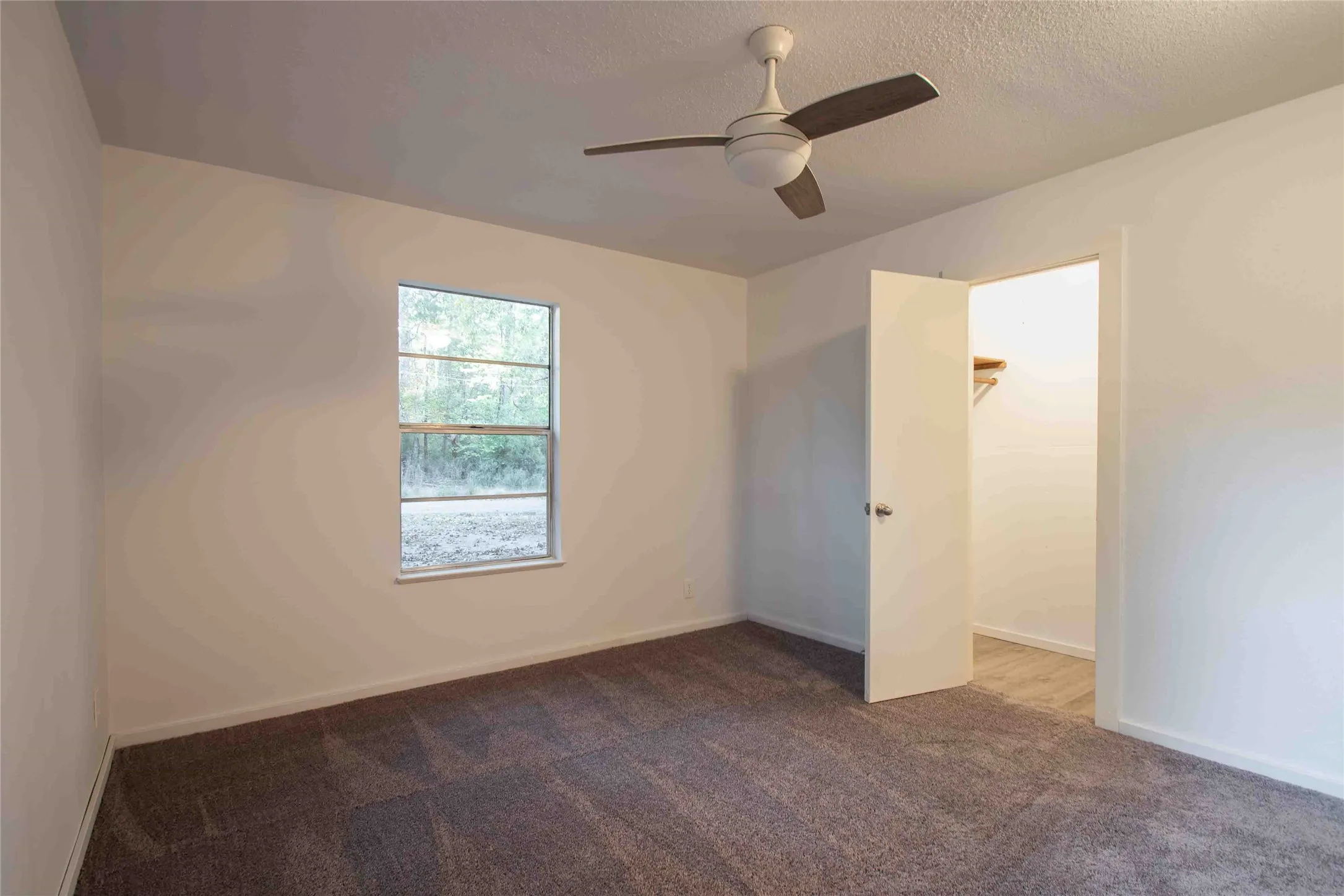 Unfurnished Primary bedroom with ceiling fan, a textured ceiling, carpet flooring, and a walk in closet