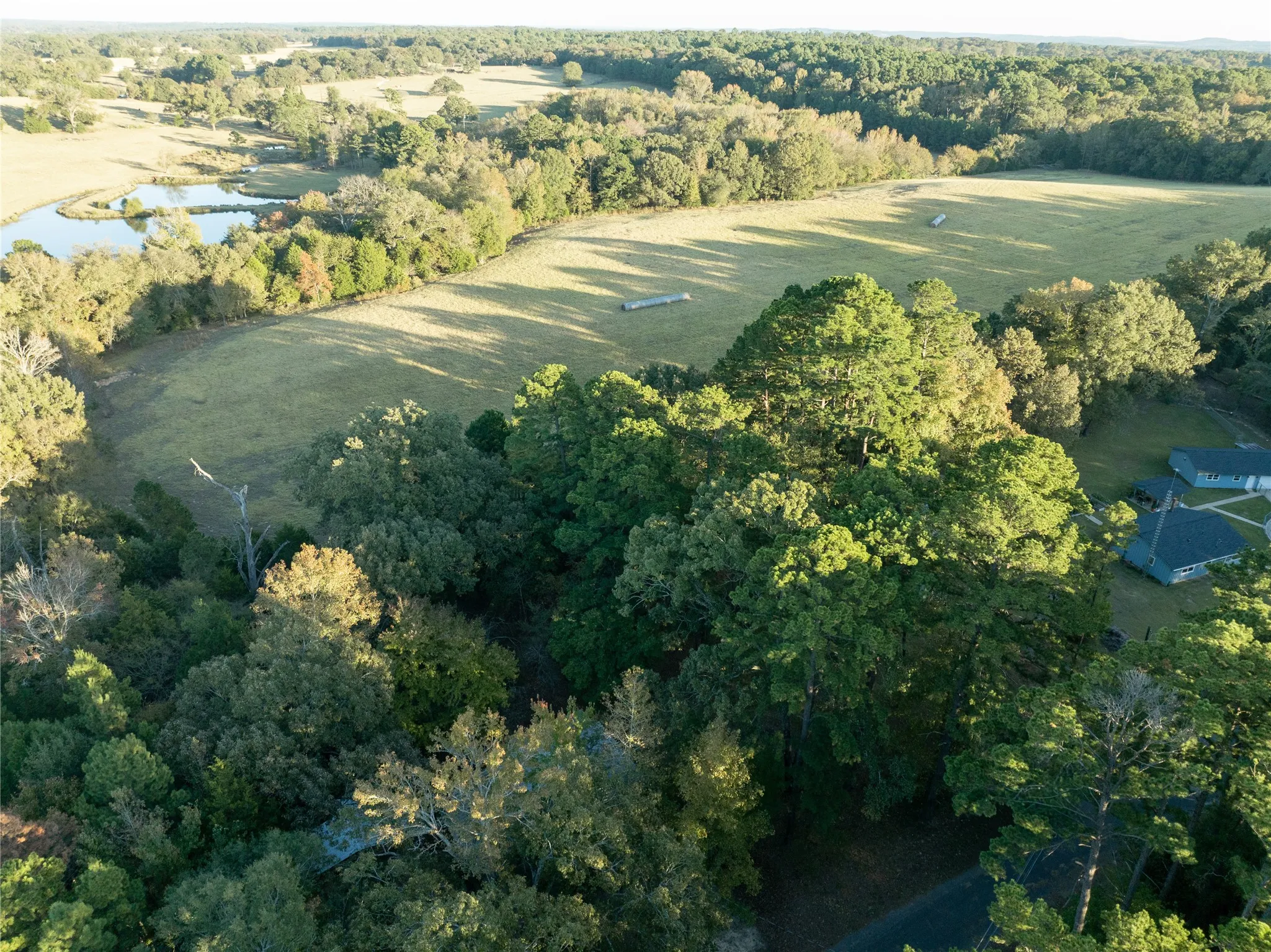 Aerial overview of property's location with a heavily wooded area and a large ranch behind it