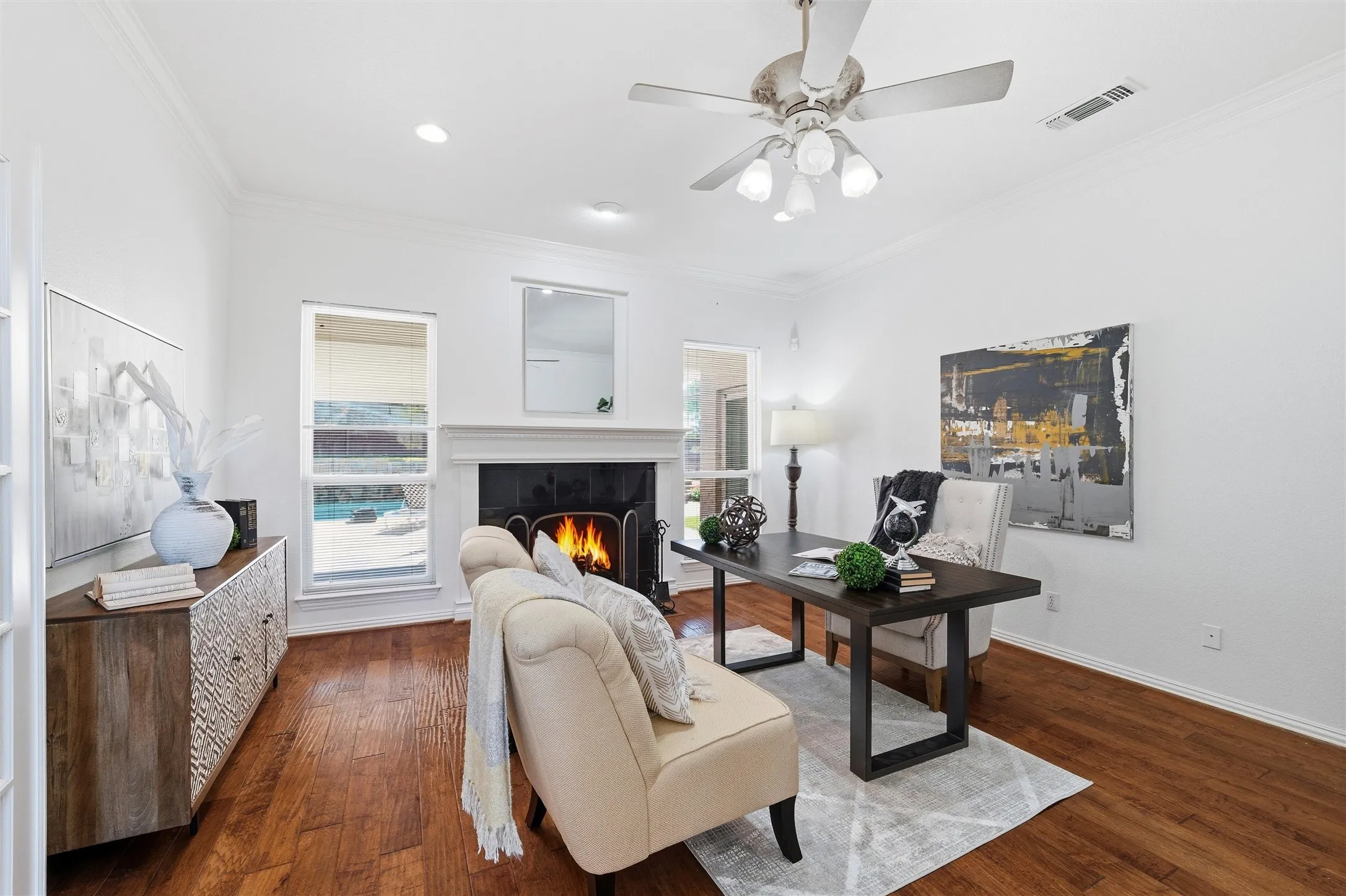 Office downstairs with fireplace