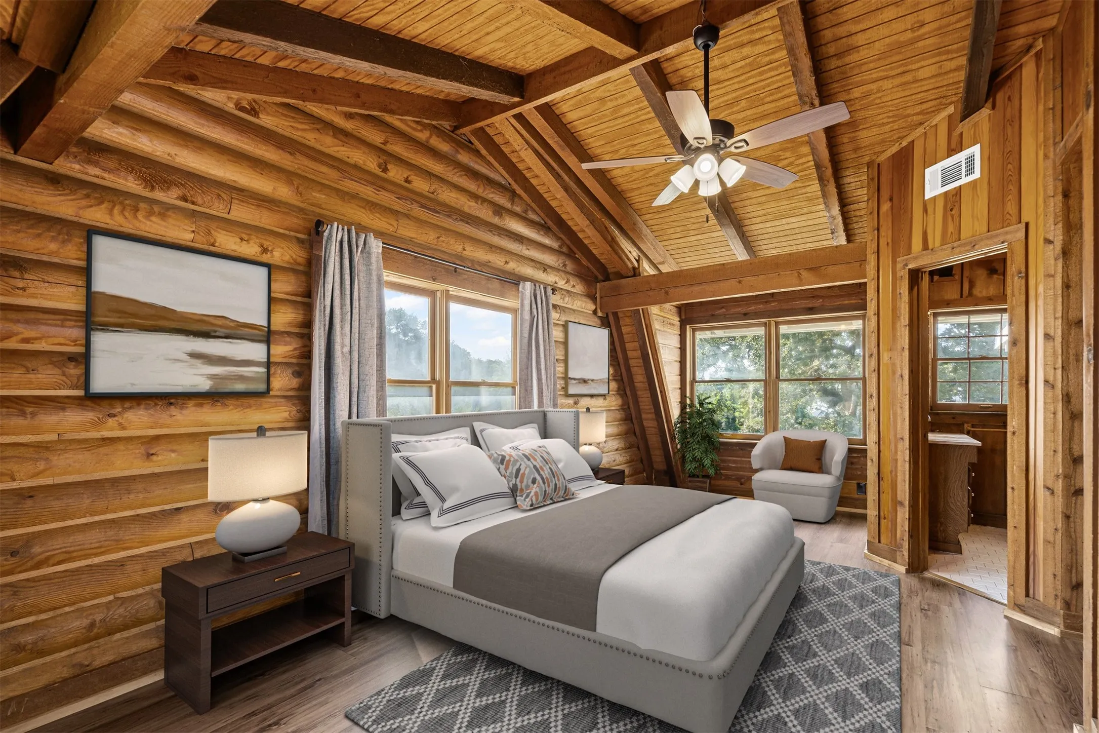 Bedroom featuring wood finished floors, a wood ceiling with exposed beams, ceiling fan, and log walls