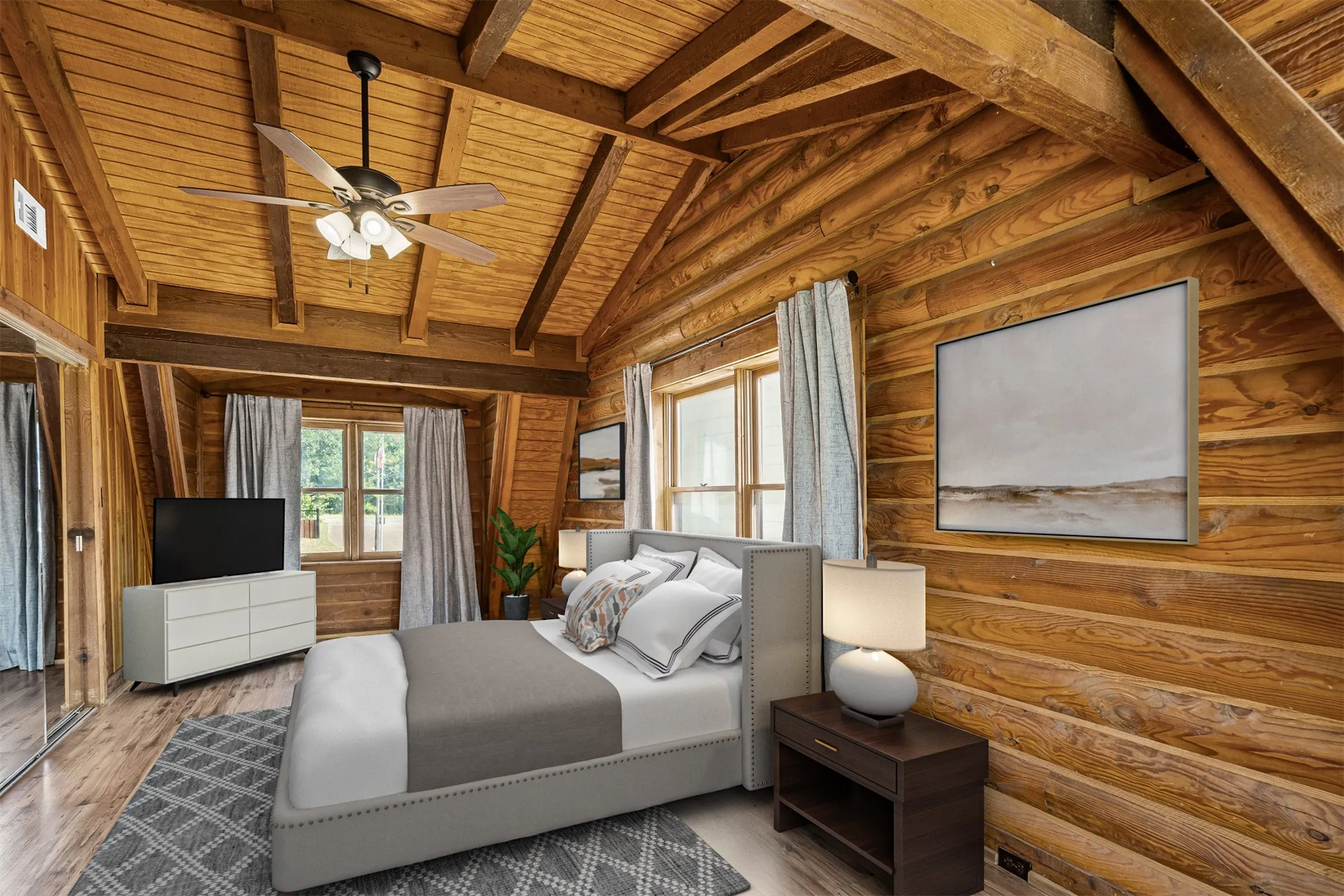 Bedroom featuring vaulted ceiling with beams, wood walls, a ceiling fan, wooden ceiling, and wood finished floors