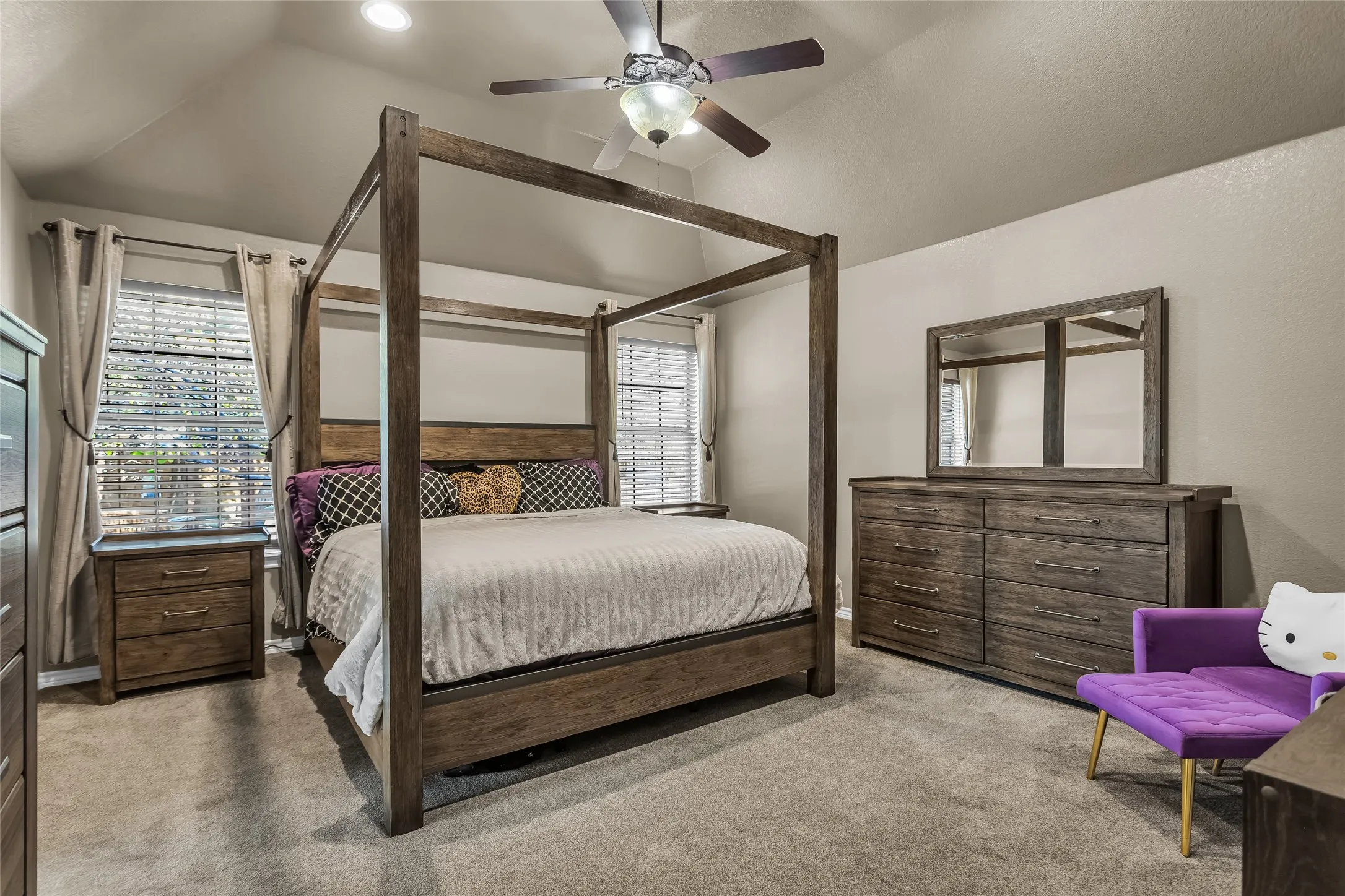 Bedroom featuring carpet, a ceiling fan, lofted ceiling, and recessed lighting