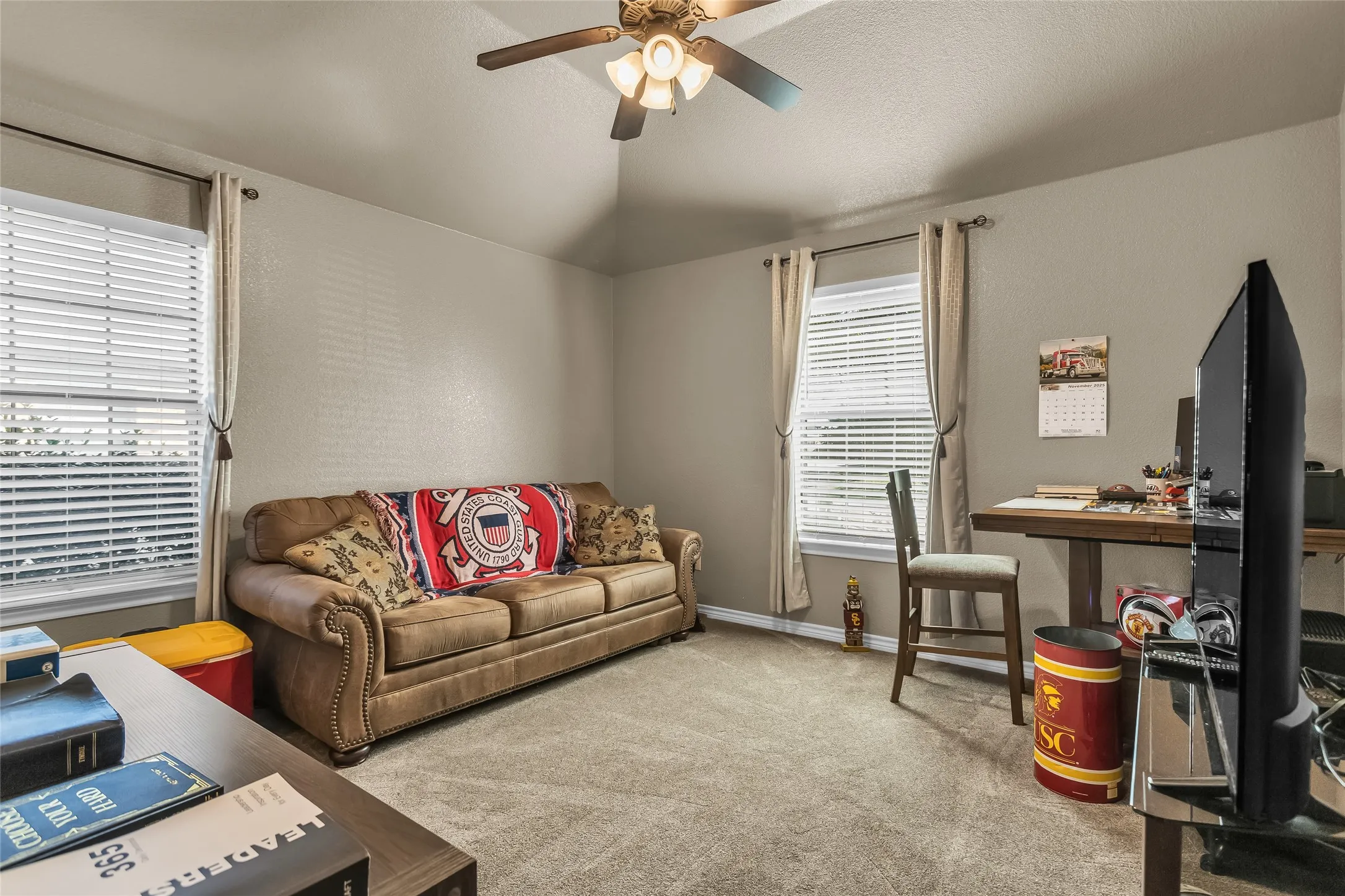Living area featuring carpet, ceiling fan, and a desk