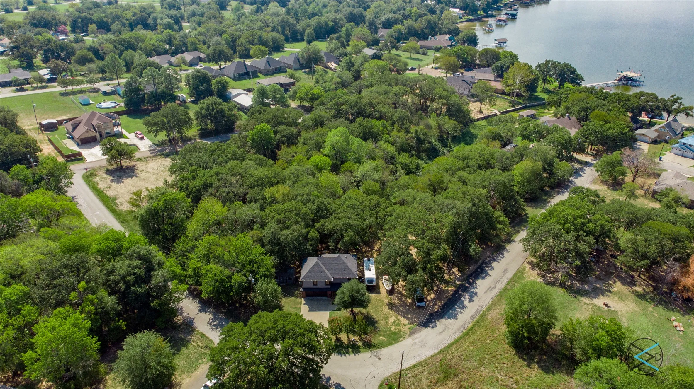 Channel is behind trees. Cedar Creek Lake top right corner of photo
