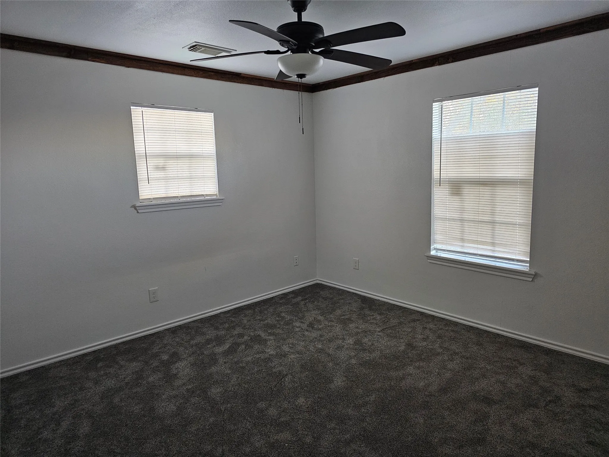 Bedroom featuring ornamental molding, healthy amount of natural light, dark carpet, and ceiling fan