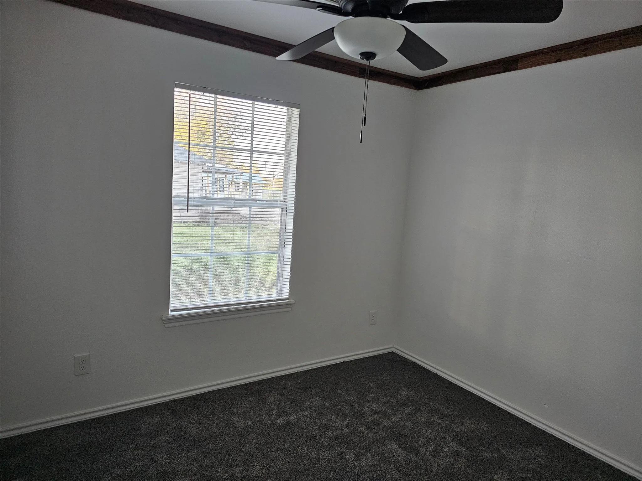 Bedroom with ornamental molding, dark colored carpet, and a ceiling fan