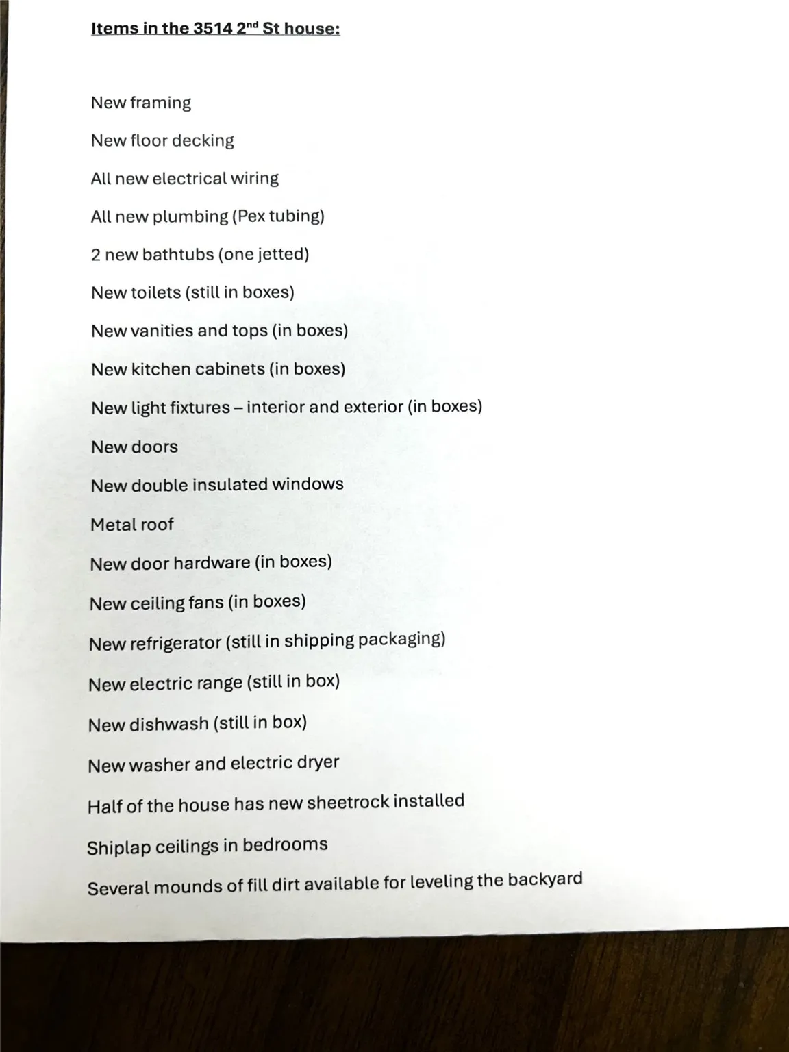 List of items in the house