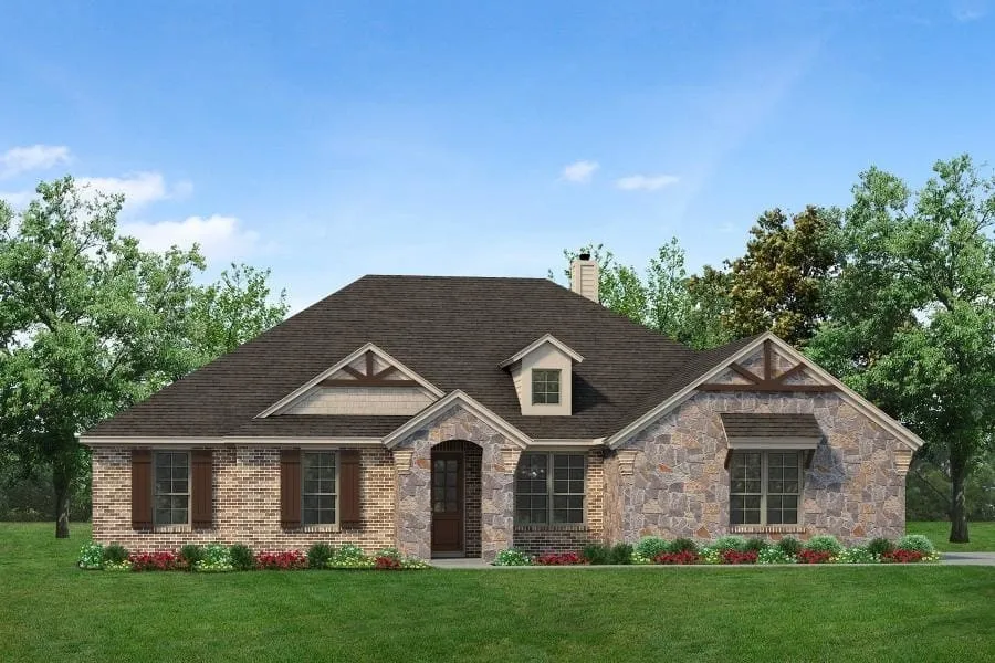 View of front of home with stone siding, a chimney, a front lawn, an attached garage, and concrete driveway