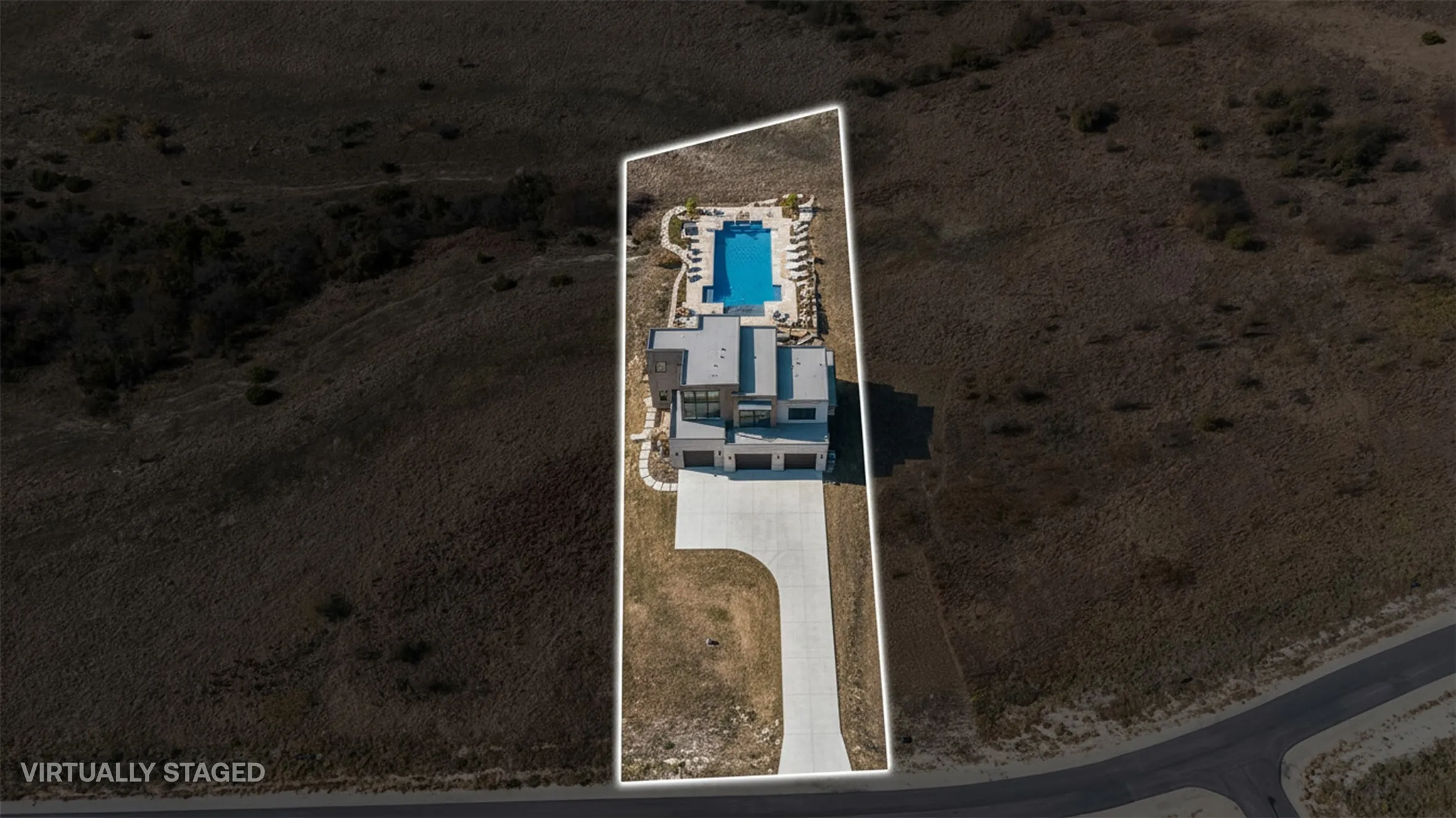 Aerial overview of property's location featuring a pool and property parcel outlined