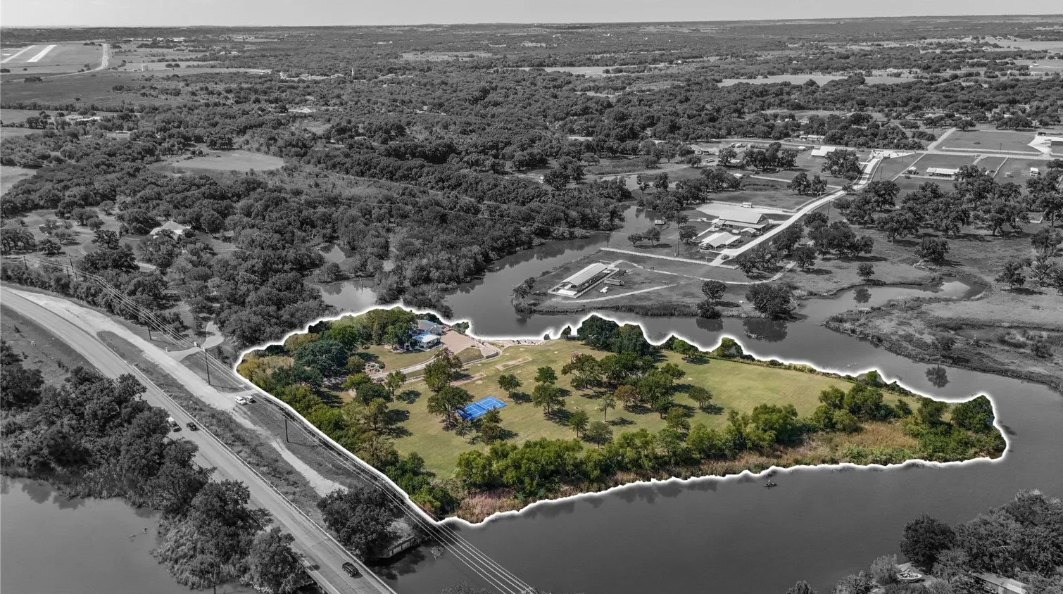Aerial view of a nearby body of water