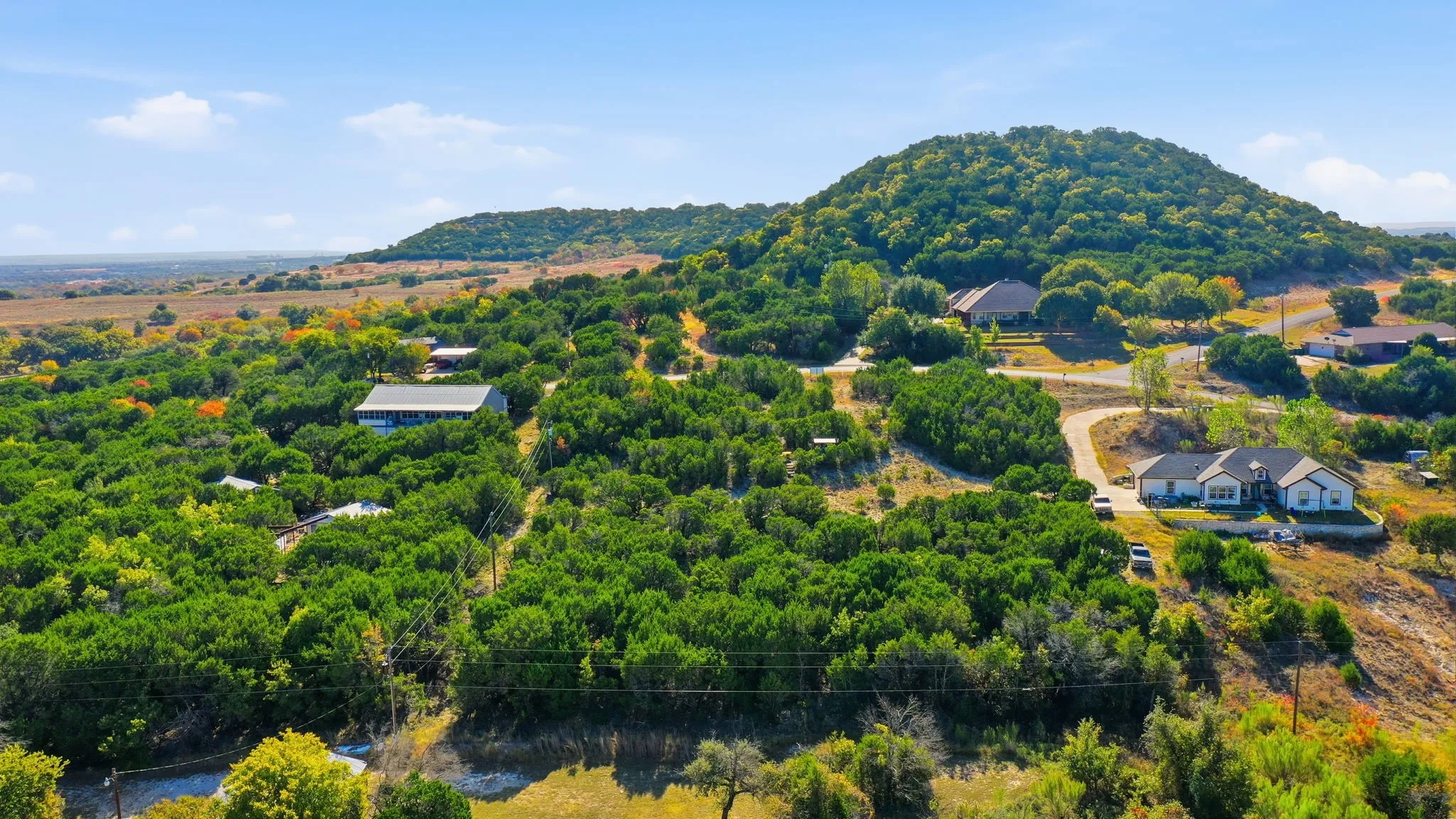 Bird's eye view of a mountainous background and a forest