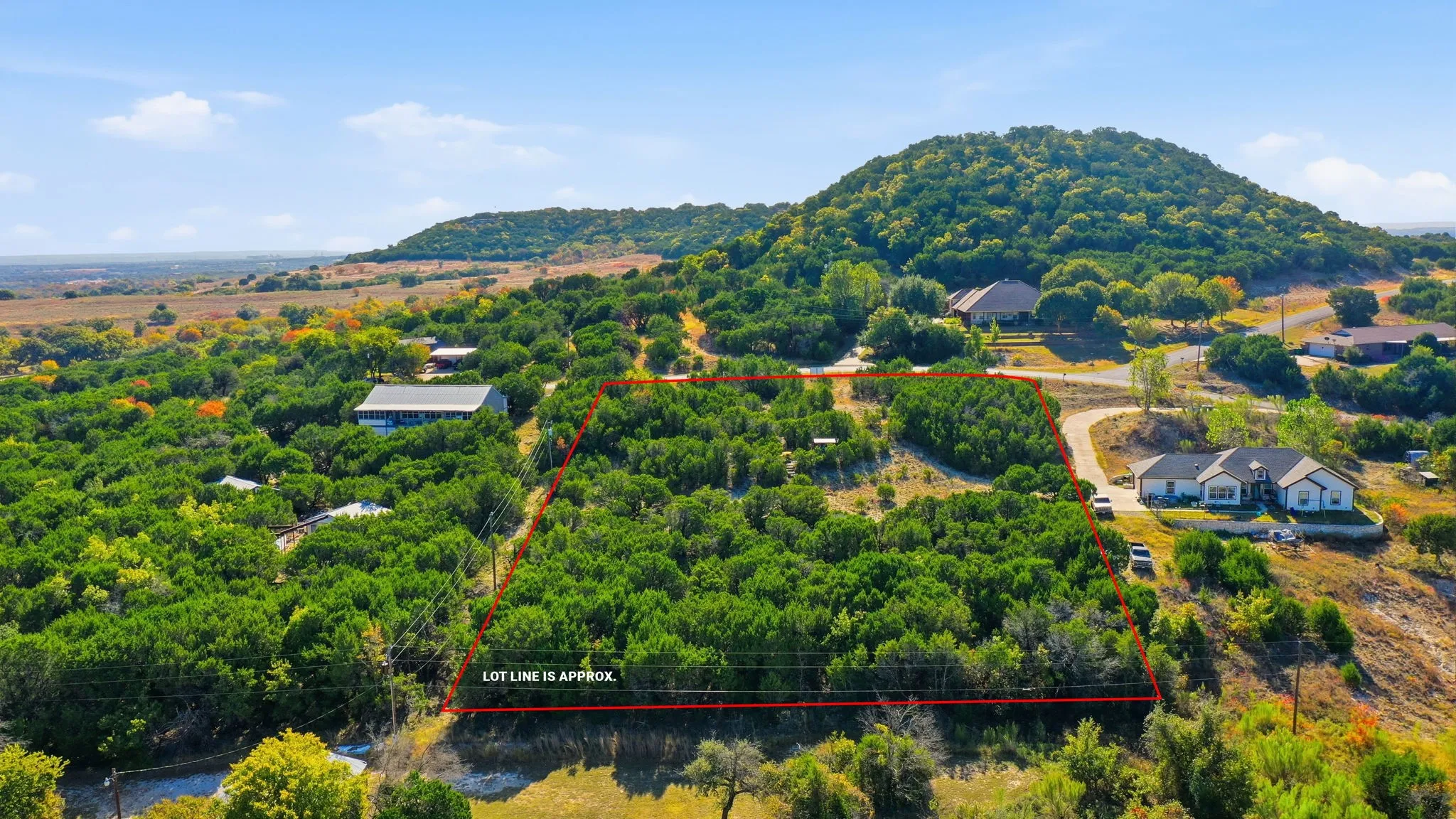 Aerial view of a mountain backdrop and a heavily wooded area