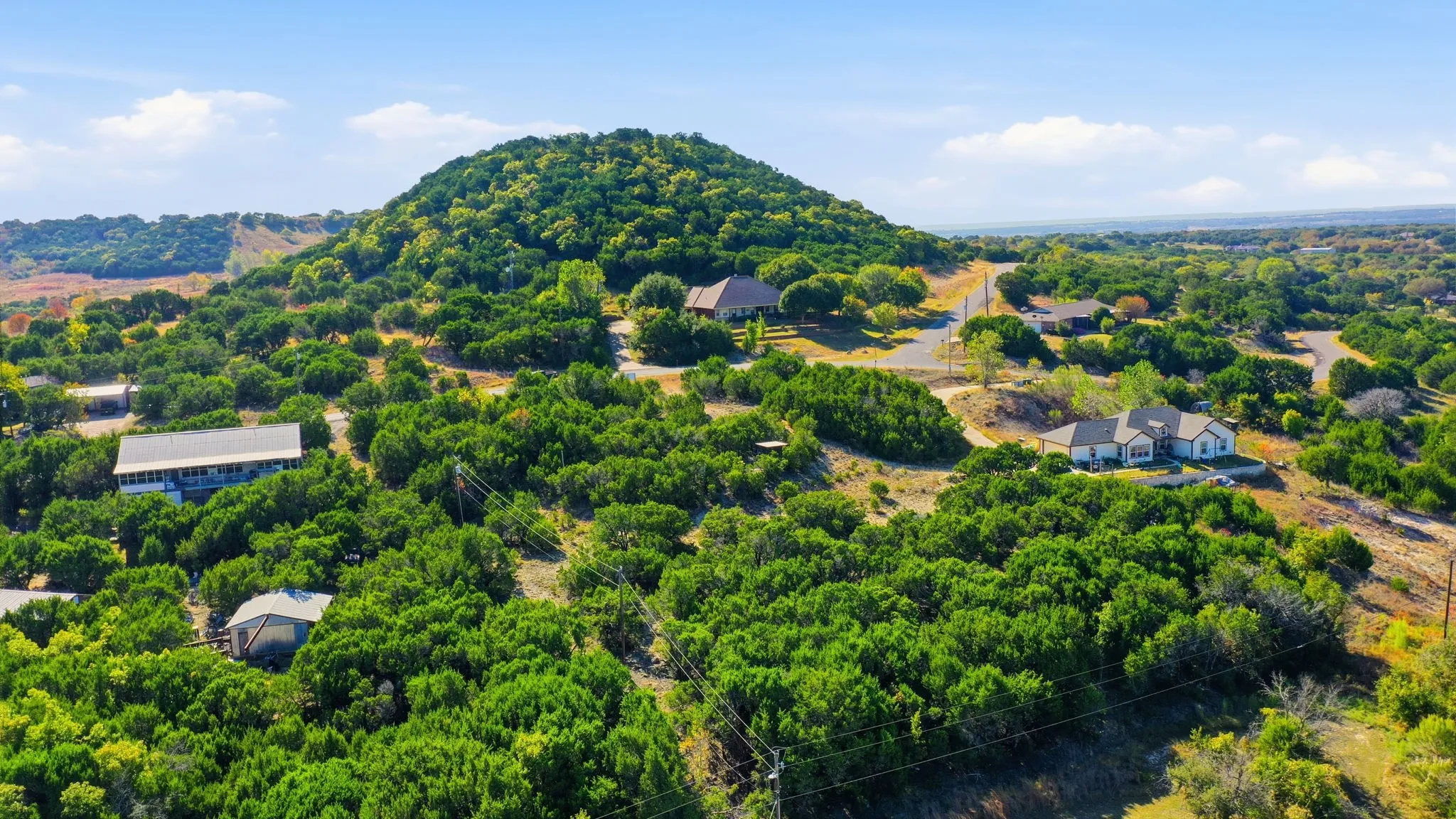 Aerial view of a heavily wooded area