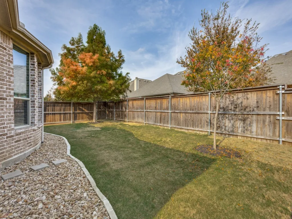 View of fenced backyard with trees.