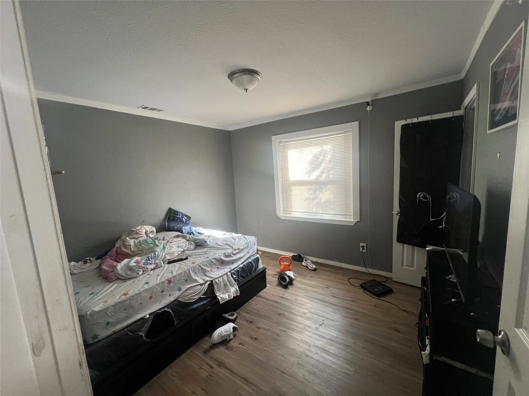 Bedroom featuring crown molding, wood finished floors, and a textured ceiling