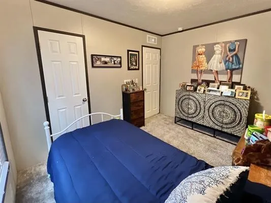 Bedroom with ornamental molding and carpet floors
