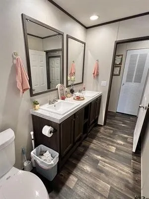 Bathroom with double vanity, crown molding, and dark wood-style flooring