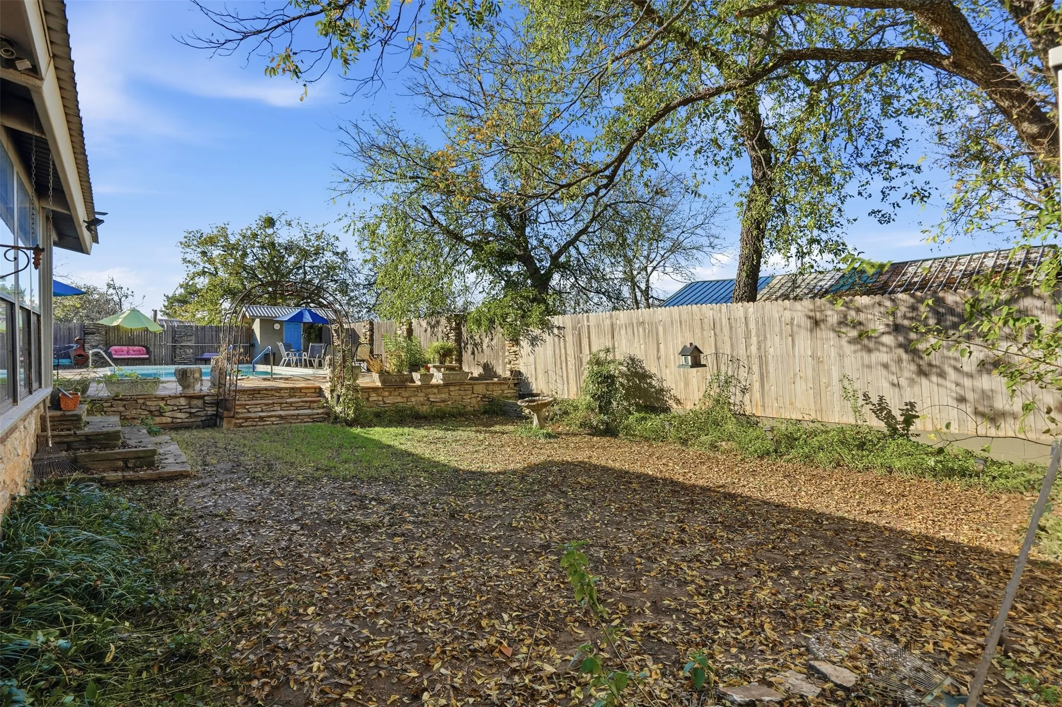 Fenced backyard featuring a patio
