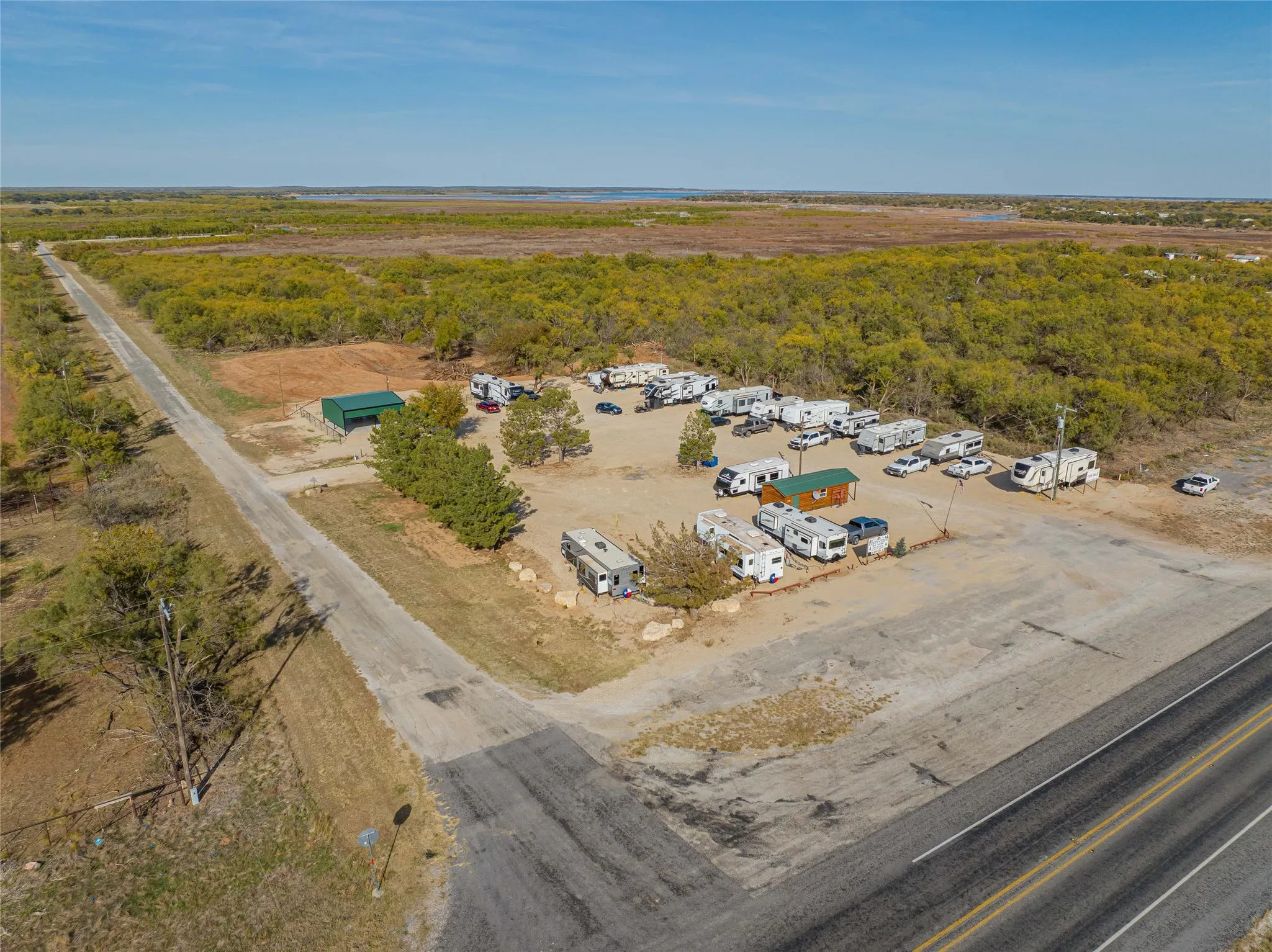 Drone / aerial view of County Road leading to boat ramp
