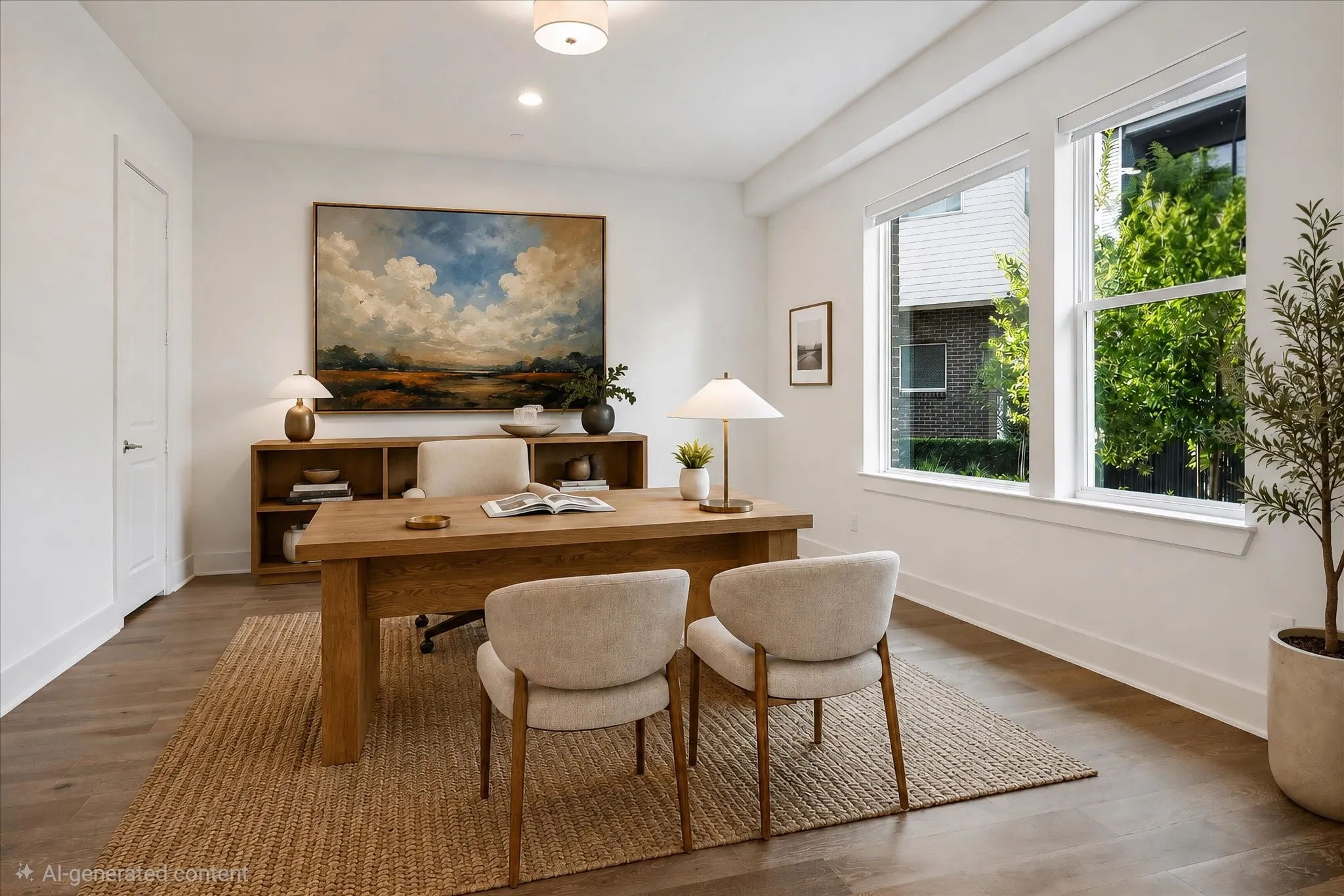 Wood-finish flooring, recessed lighting, and a neutral color palette