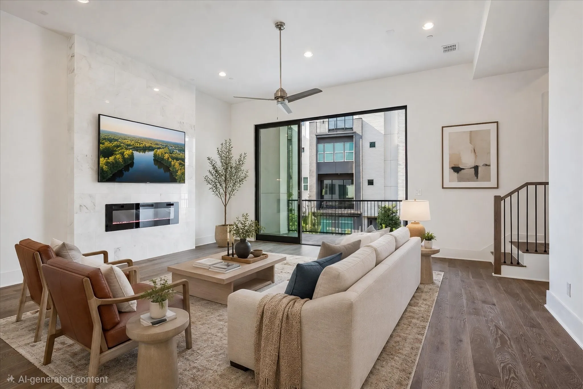 Integrated linear fireplace, marble-finish accent wall, wood-finish flooring, sliding glass door with balcony access, and recessed lighting