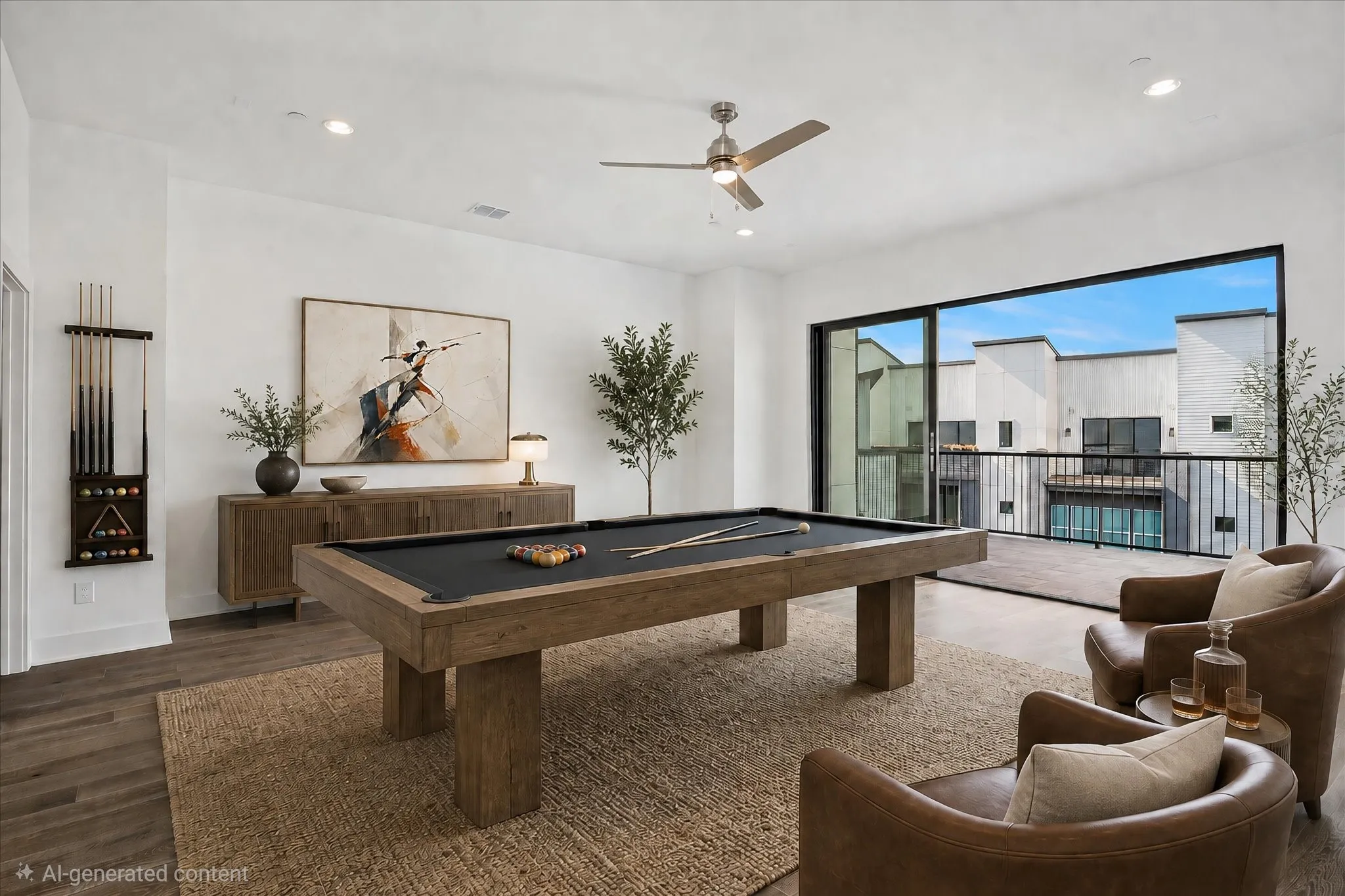 Spacious room featuring wood-finish flooring, a ceiling fan, and recessed lighting