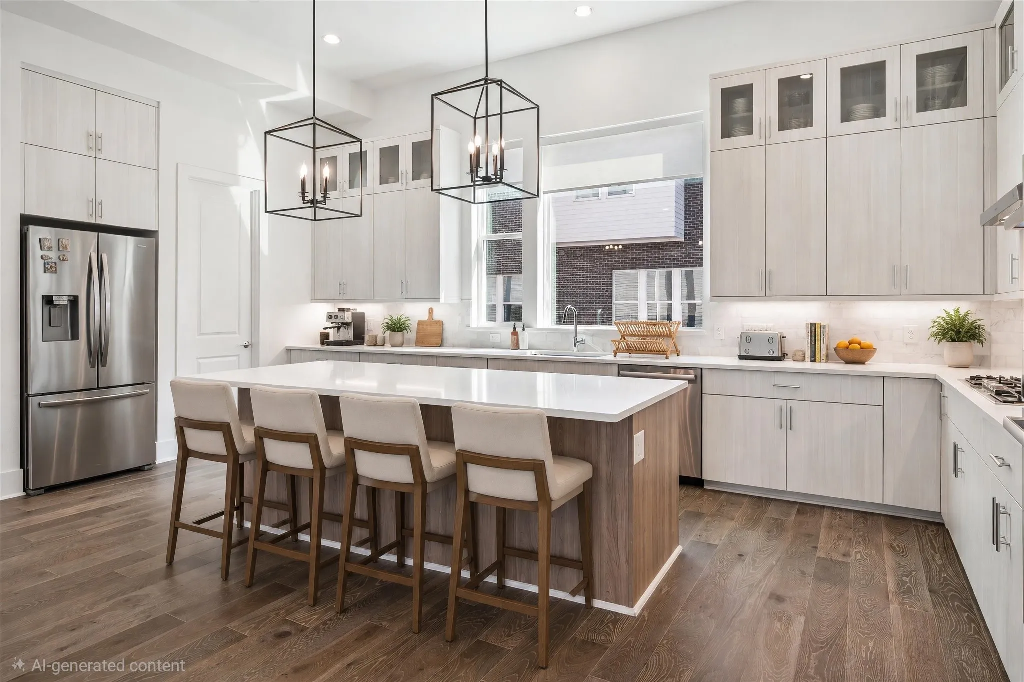Spacious kitchen featuring an expansive central island, stainless steel appliances, wood-finish flooring, and pendant lighting