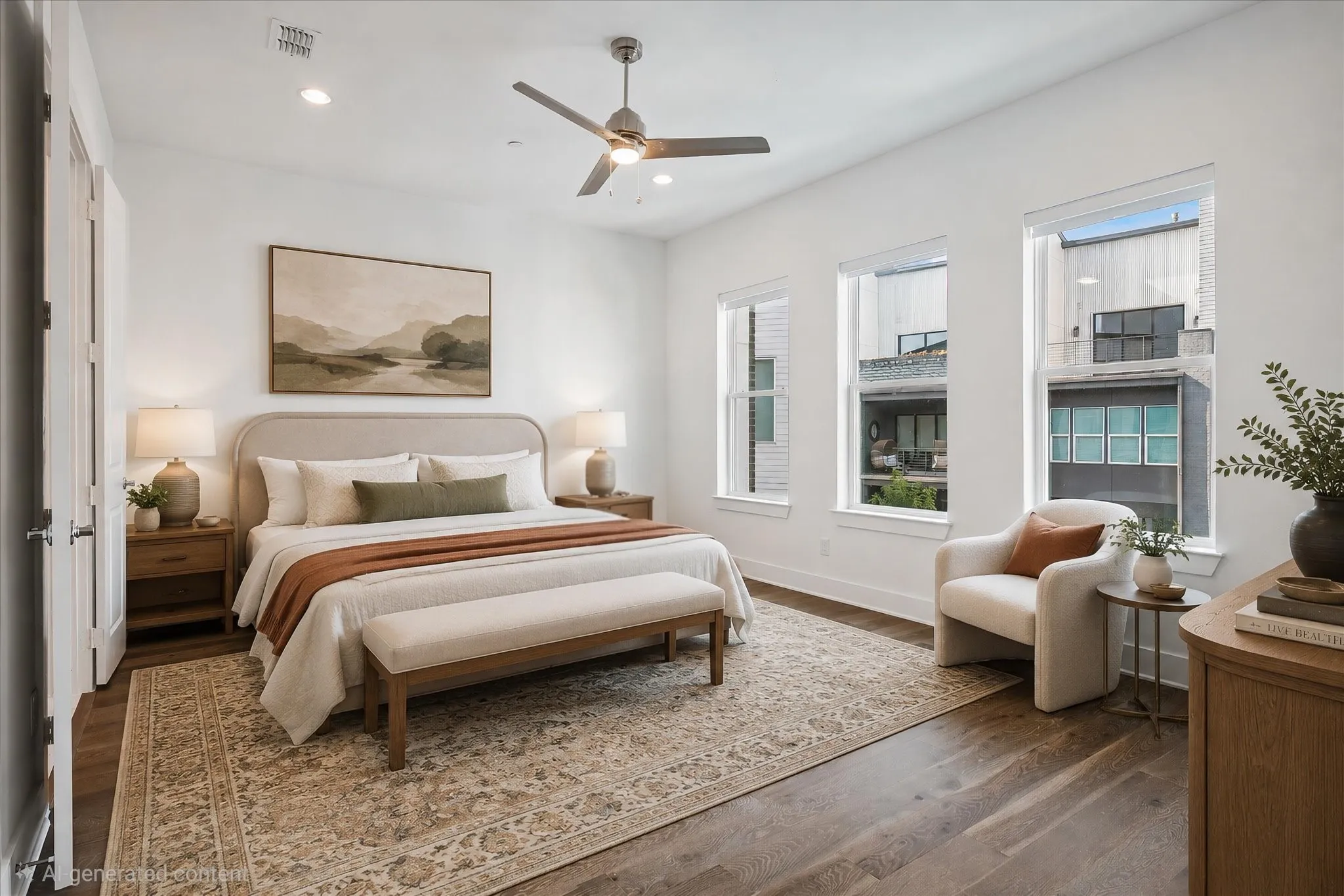 Hardwood flooring, recessed lighting, ceiling fan, multiple windows, and a built-in closet