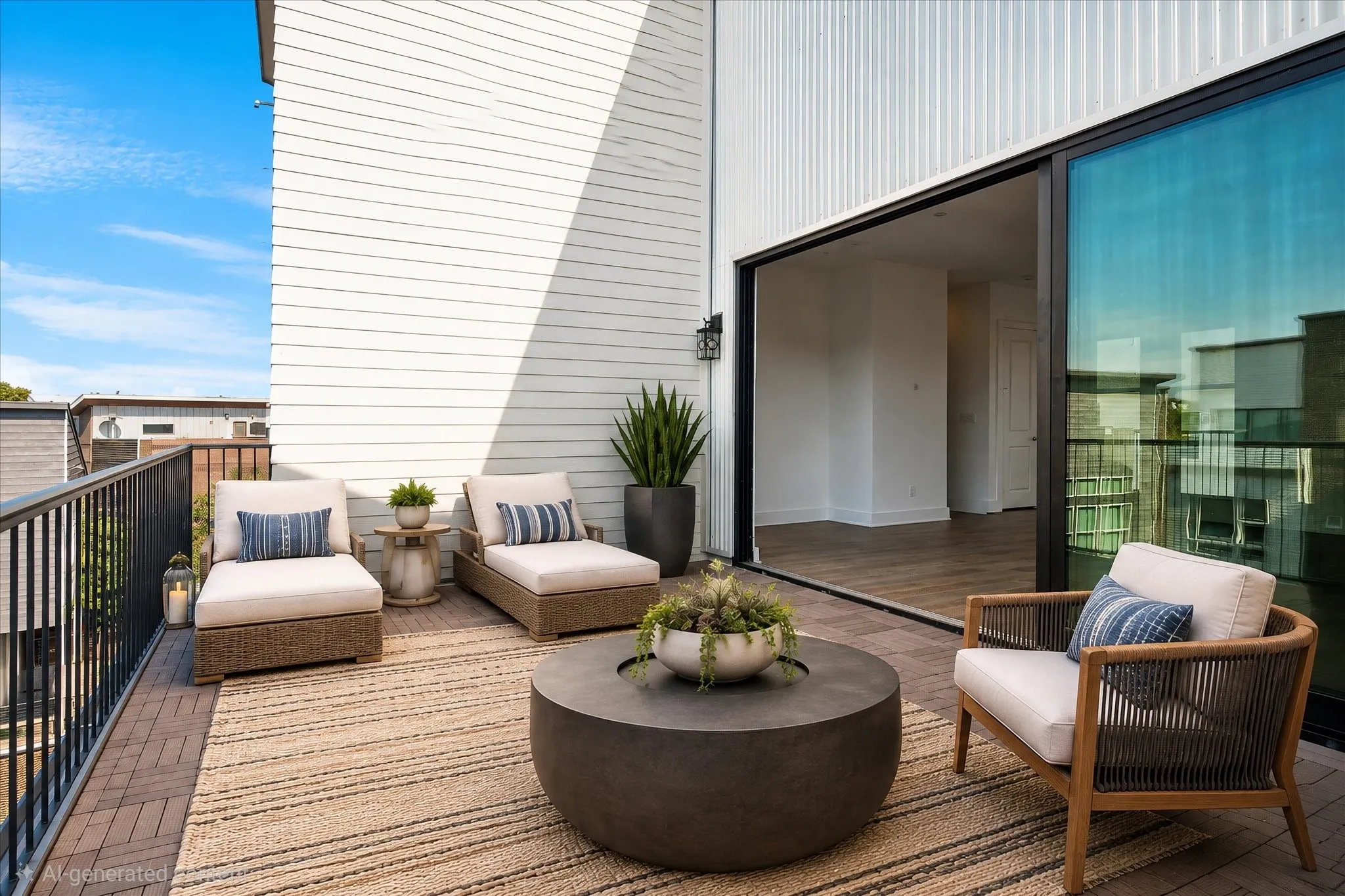 Expansive outdoor terrace featuring brick-patterned flooring and a black metal railing